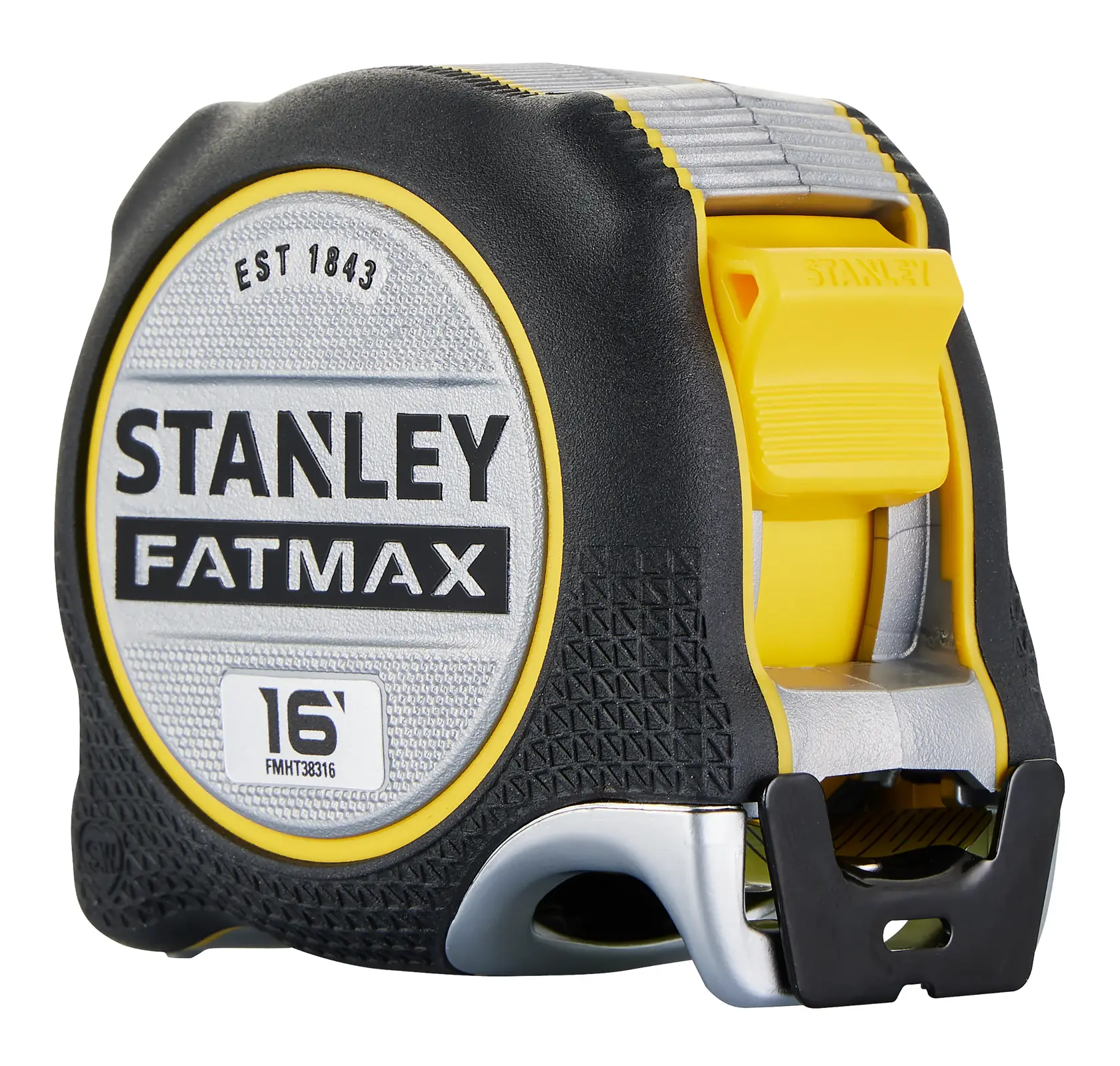 STANLEY FATMAX FMHT38316S tape measure, 16 foot, black and yellow, front angle on white background.
