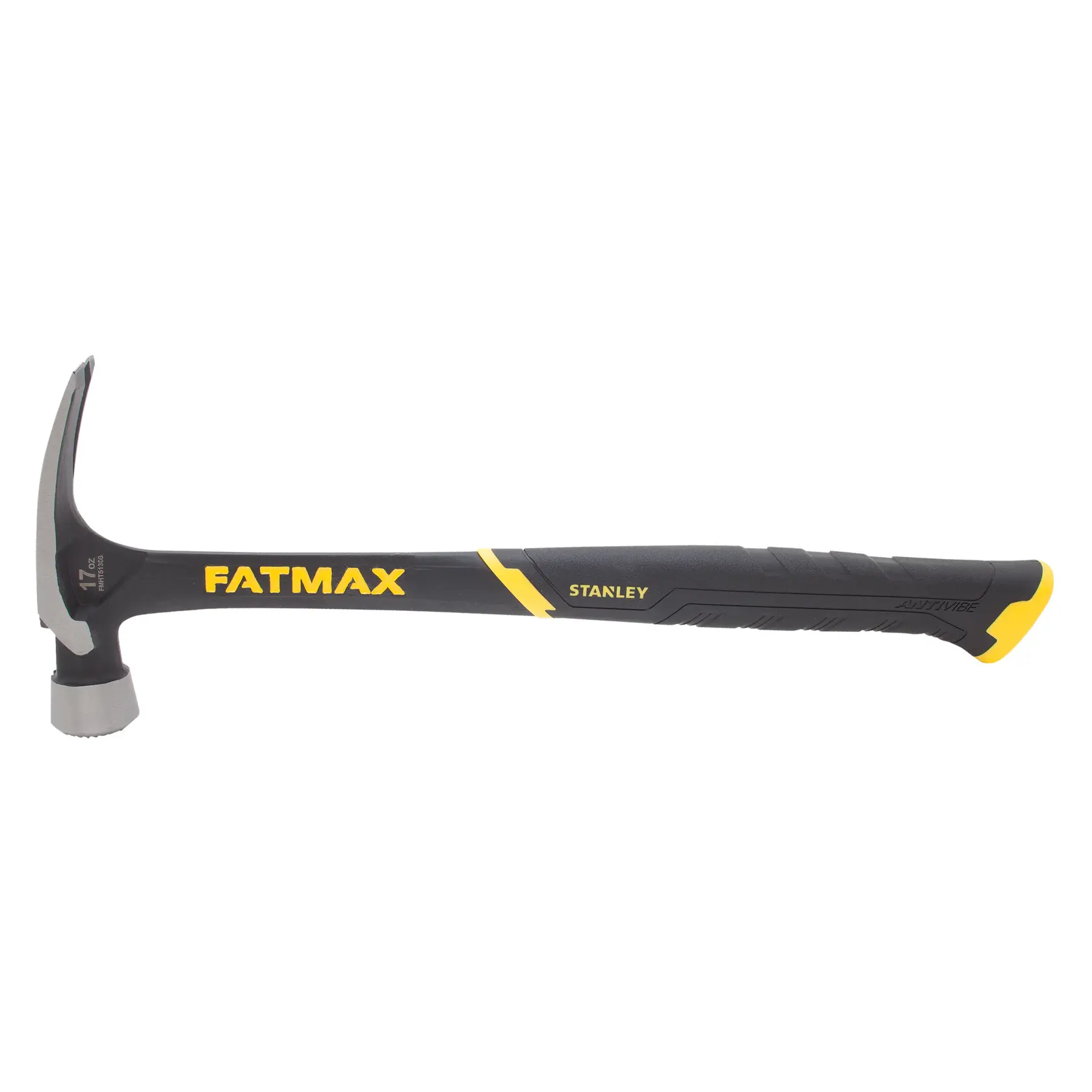 Stanley FMHT51306 claw hammer, black and yellow handle, side angle photo on white background.