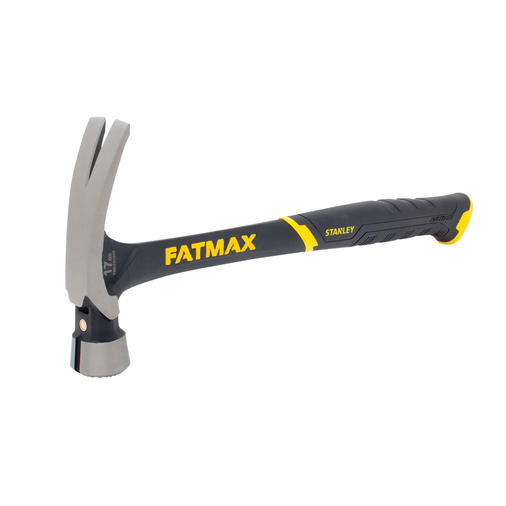 Stanley FMHT51306 claw hammer, black and yellow handle, side angle on white background.