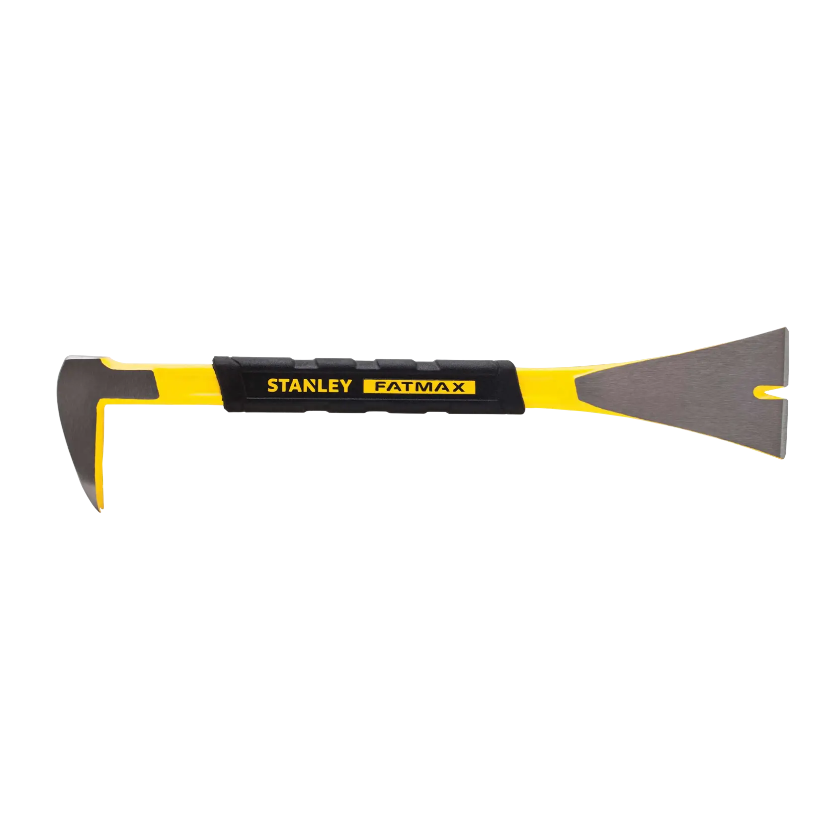 STANLEY FMHT55009 demolition bar with yellow and black handle, flat pry end and curved claw, side view on white.