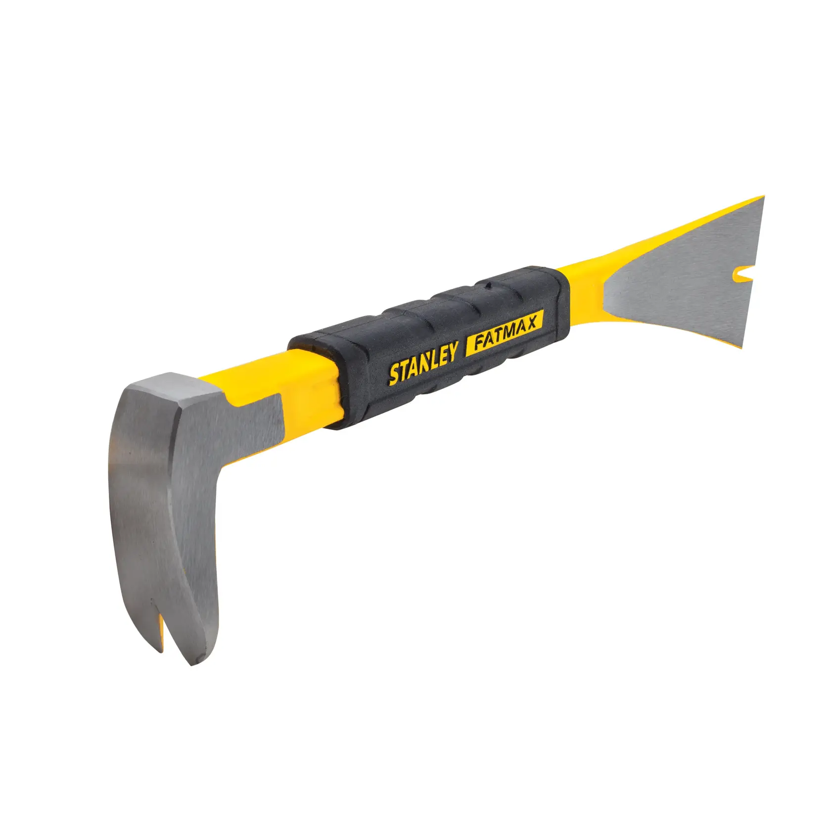 Stanley FMHT55009 pry bar with yellow and black handle, angled photo on white background.