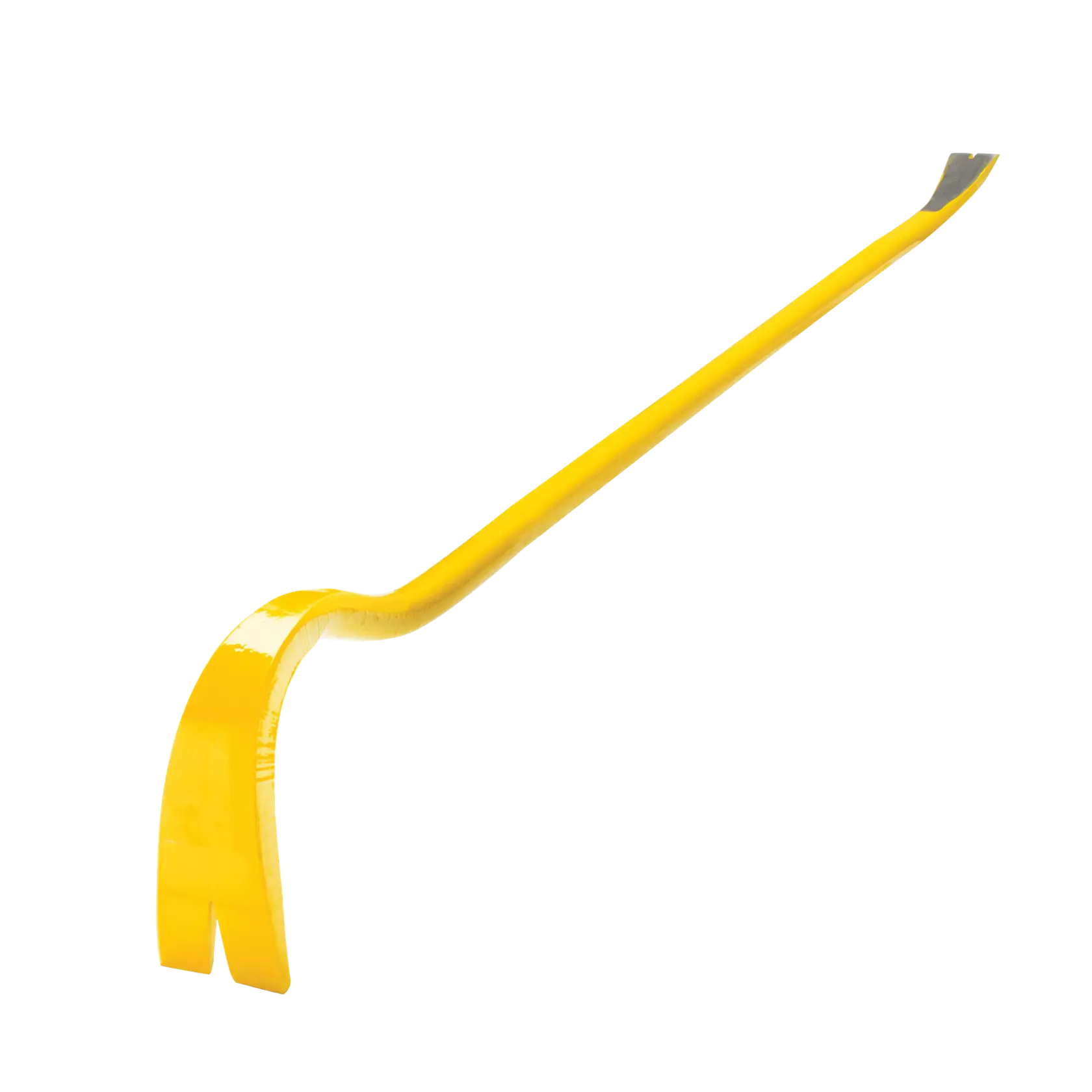 STANLEY FMHT55521 yellow pry bar with curved claw and flat chisel end, side angle on white background.
