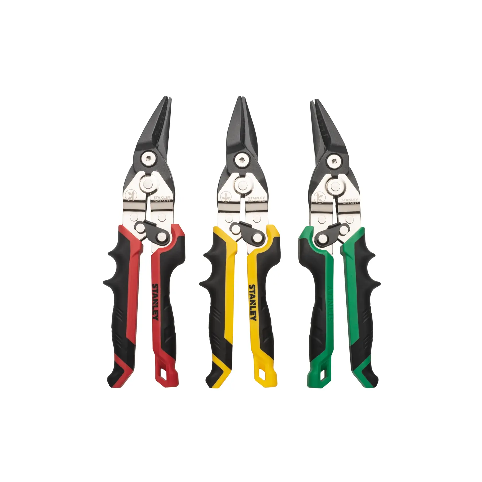Stanley aviation snips set front view, three units with black, red, yellow, and green ergonomic handles.