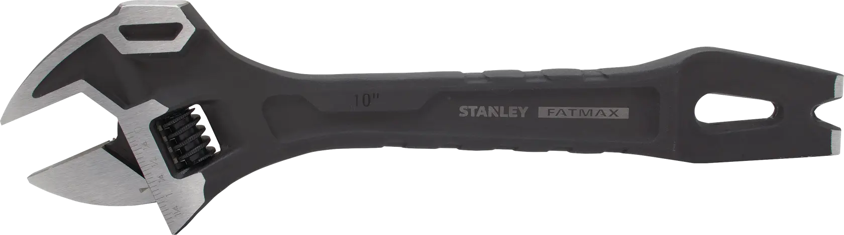 Stanley FATMAX 10-inch adjustable wrench side view, black handle with metal jaw, white background.