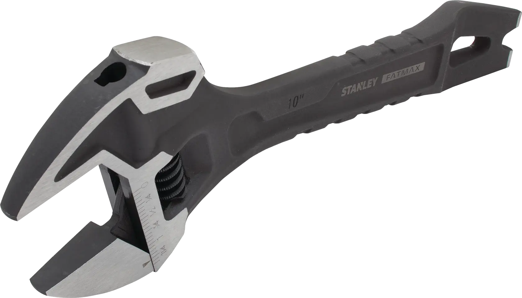 Stanley FATMAX adjustable wrench, 10 inch, angled front shot, black and silver finish