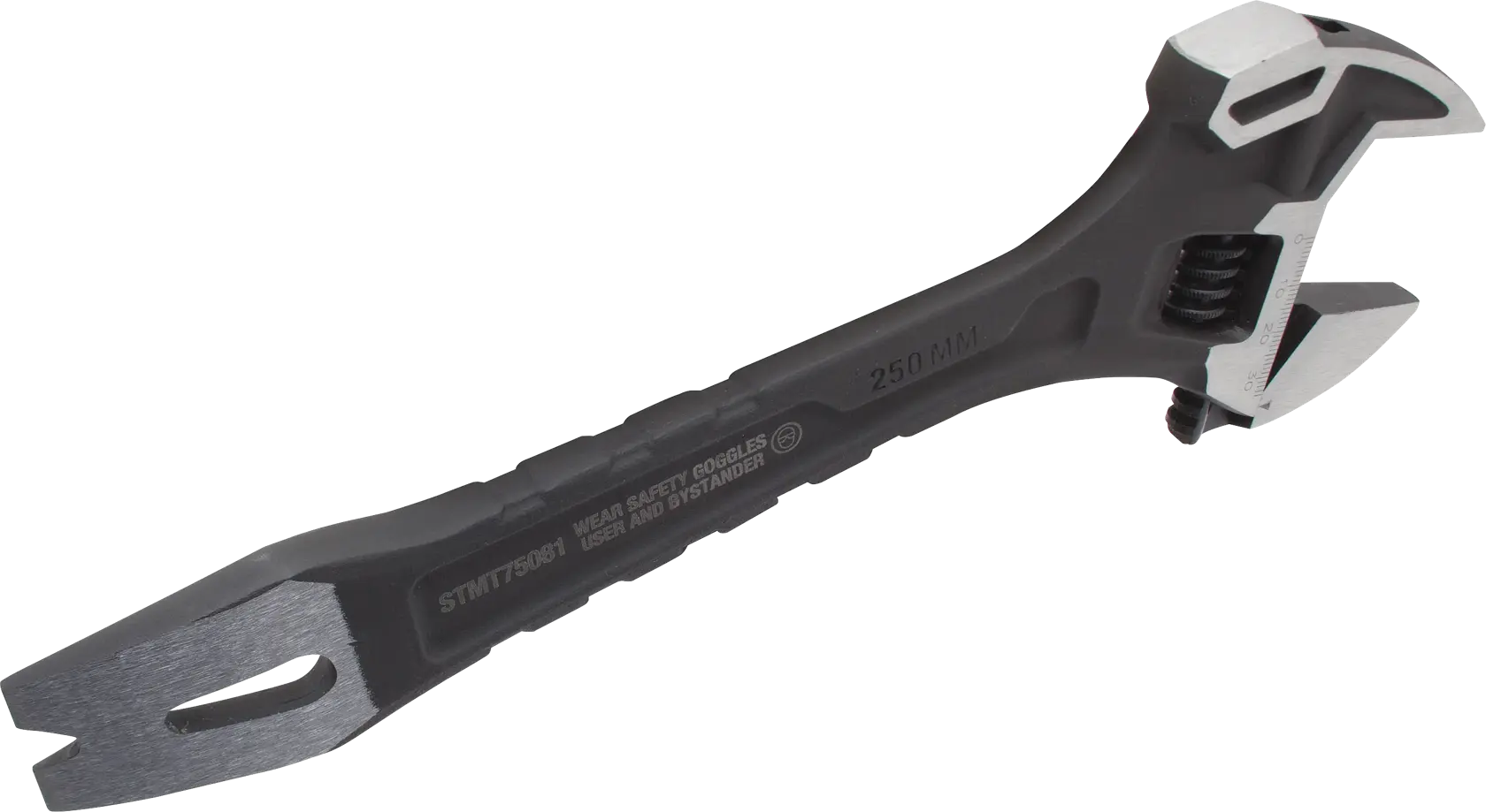STANLEY adjustable wrench and pry bar combo tool, 250mm, side angle on white background