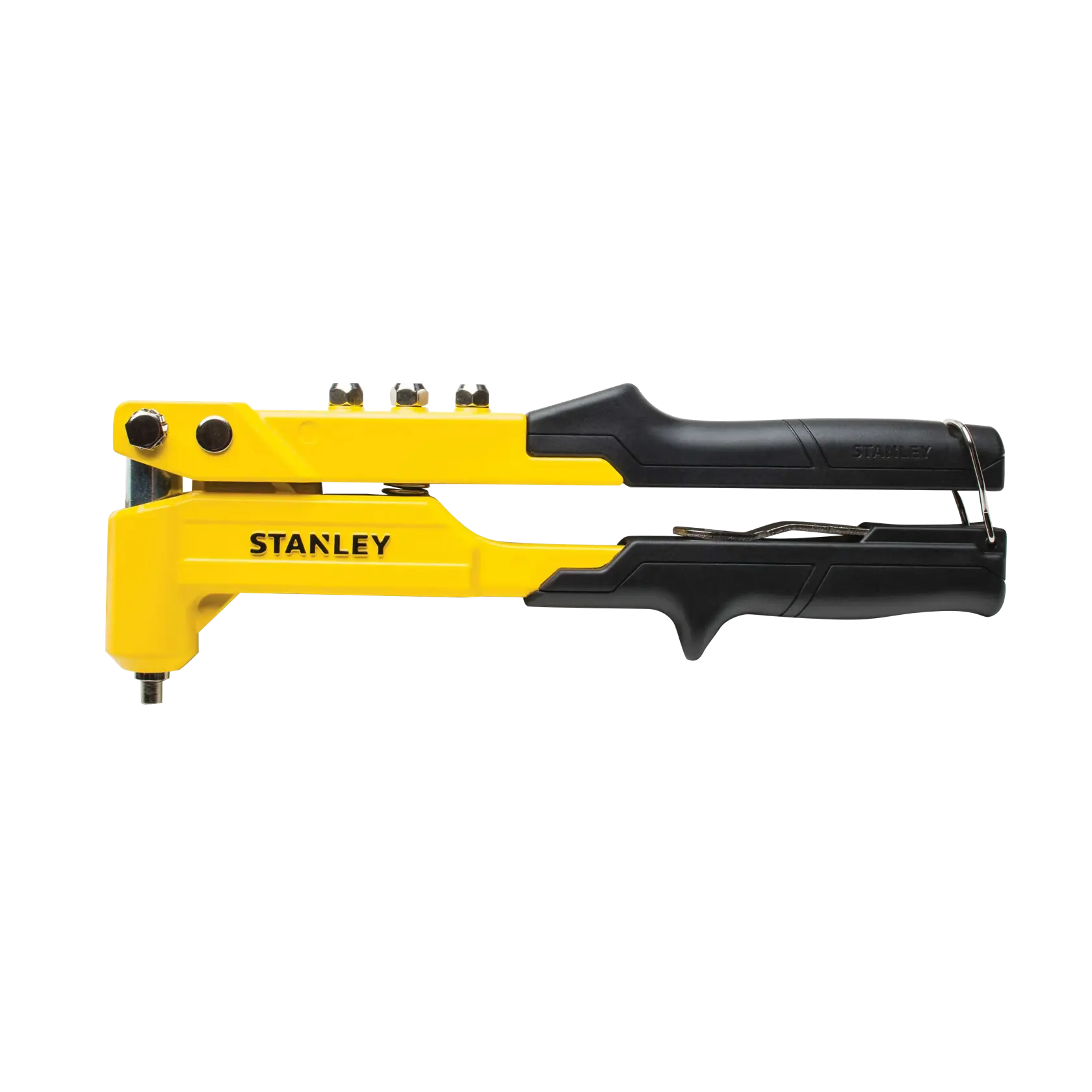 Stanley yellow and black hand riveter tool side view on white background