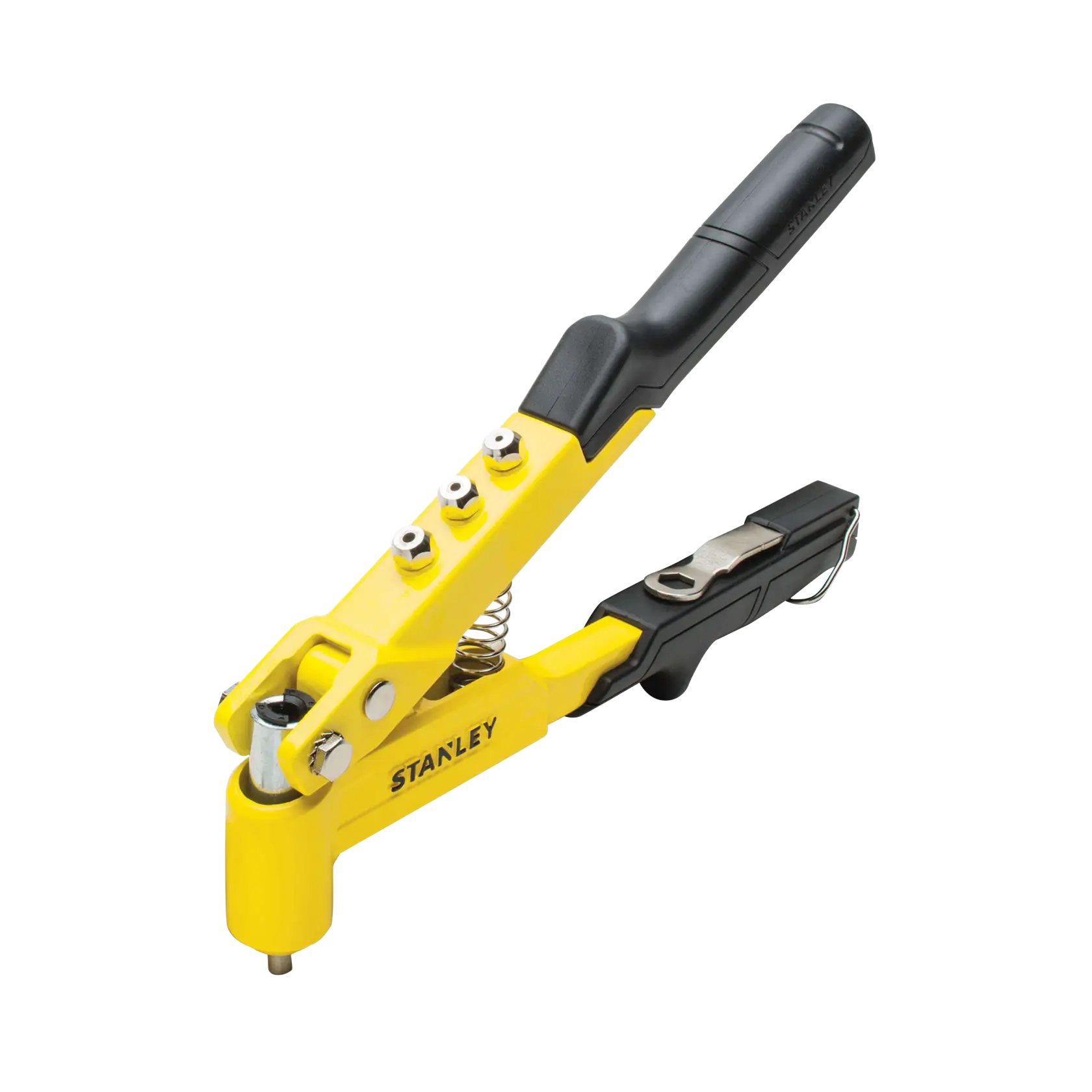 STANLEY yellow and black rivet tool angled on white background