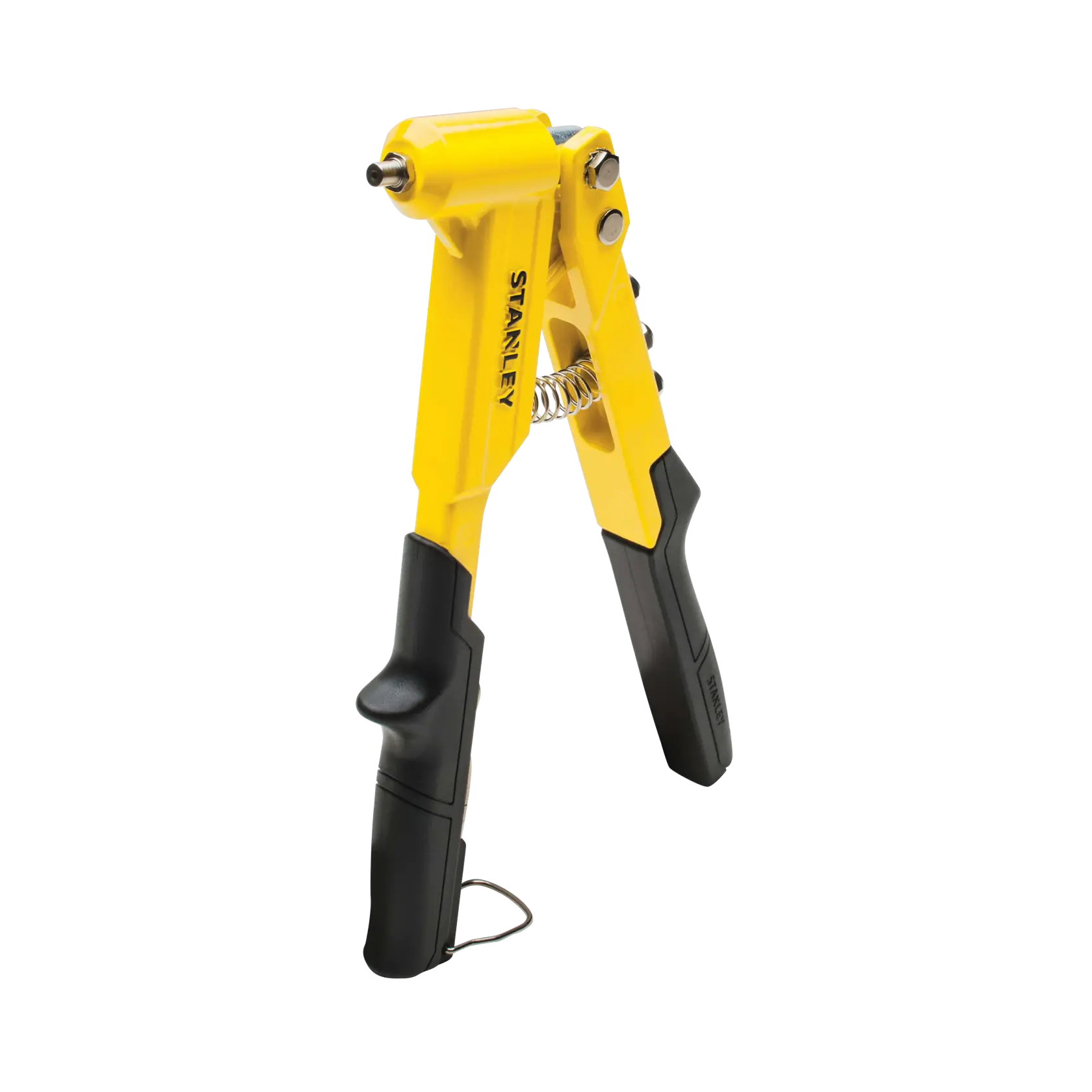 STANLEY yellow and black hand riveter tool, angled front view, with spring and ergonomic gripped handles on white background.