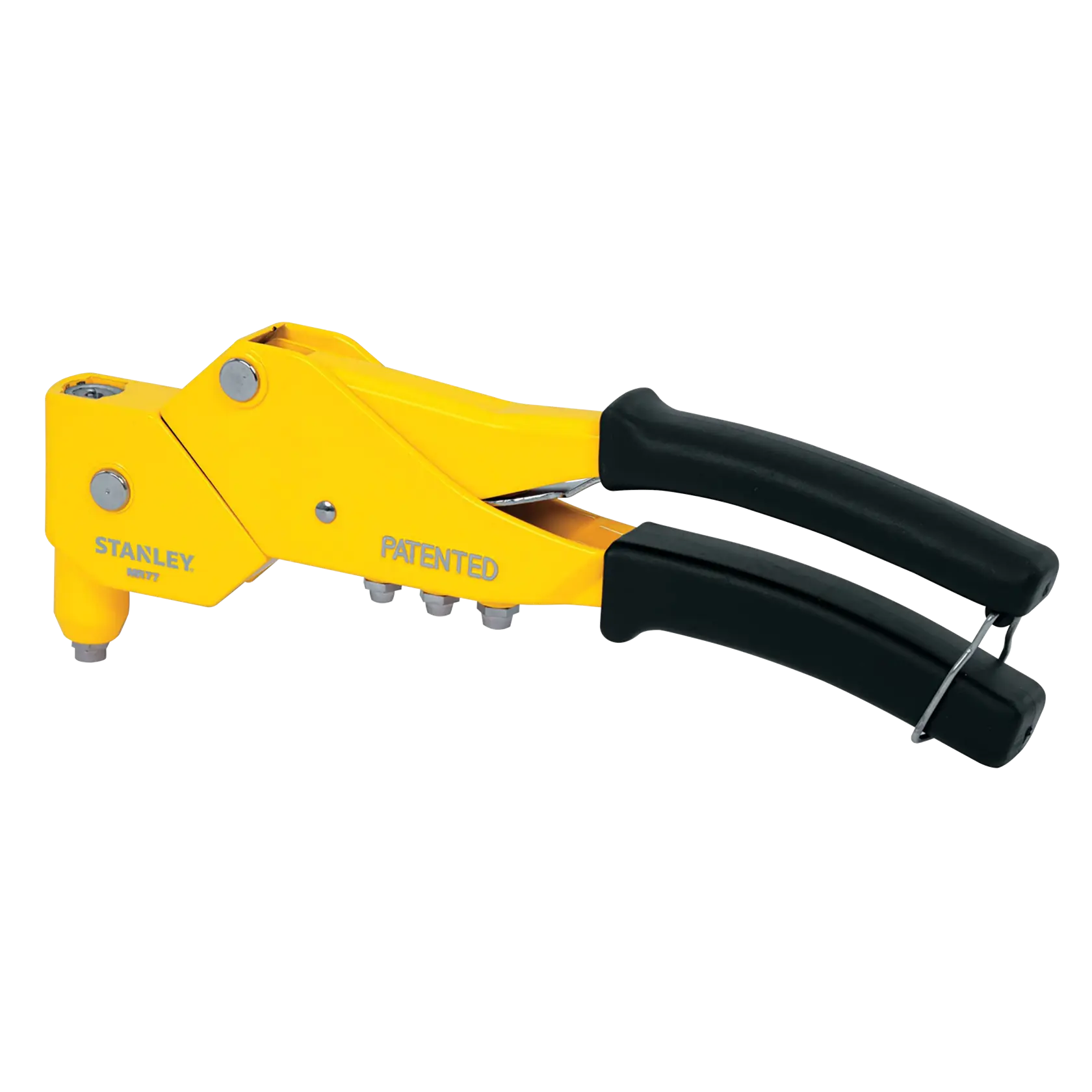 Stanley yellow hand riveter with black handles, side view on white background