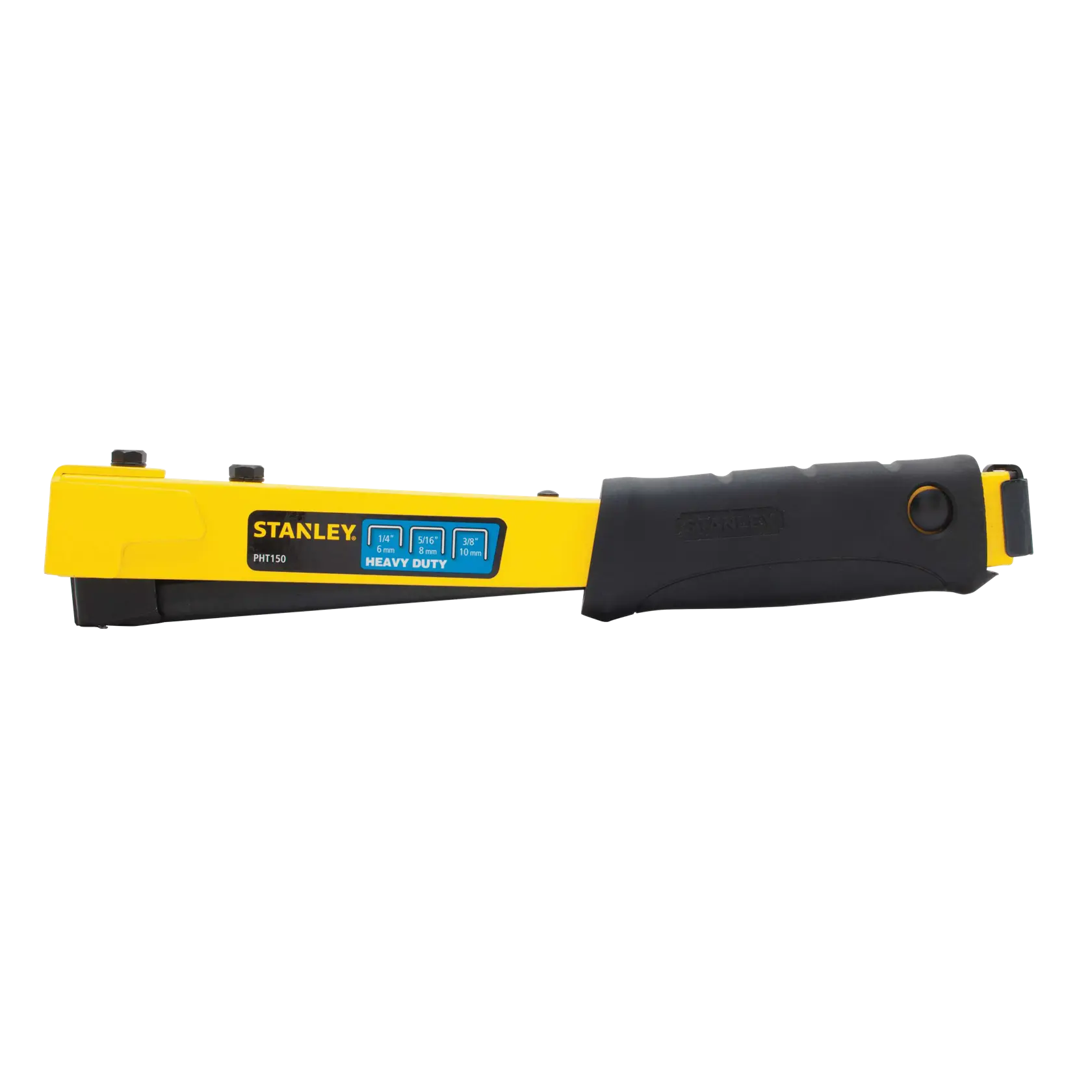 STANLEY heavy duty yellow and black staple gun, side profile on white background.
