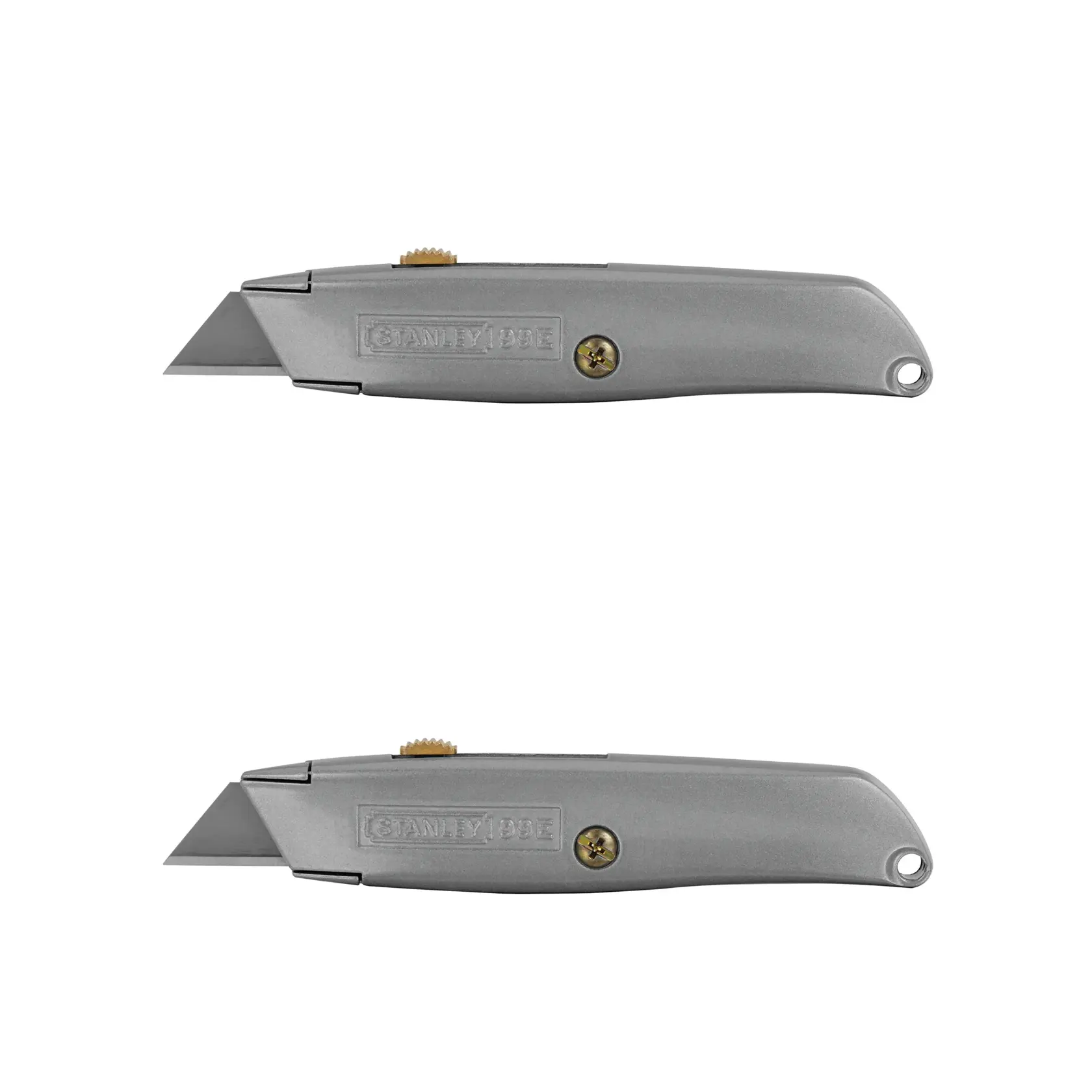Two identical silver-colored utility knives with retractable blades shown side by side. The knives are branded with 'STANLEY 199E' and have a screw and a loop at the end of the handle.