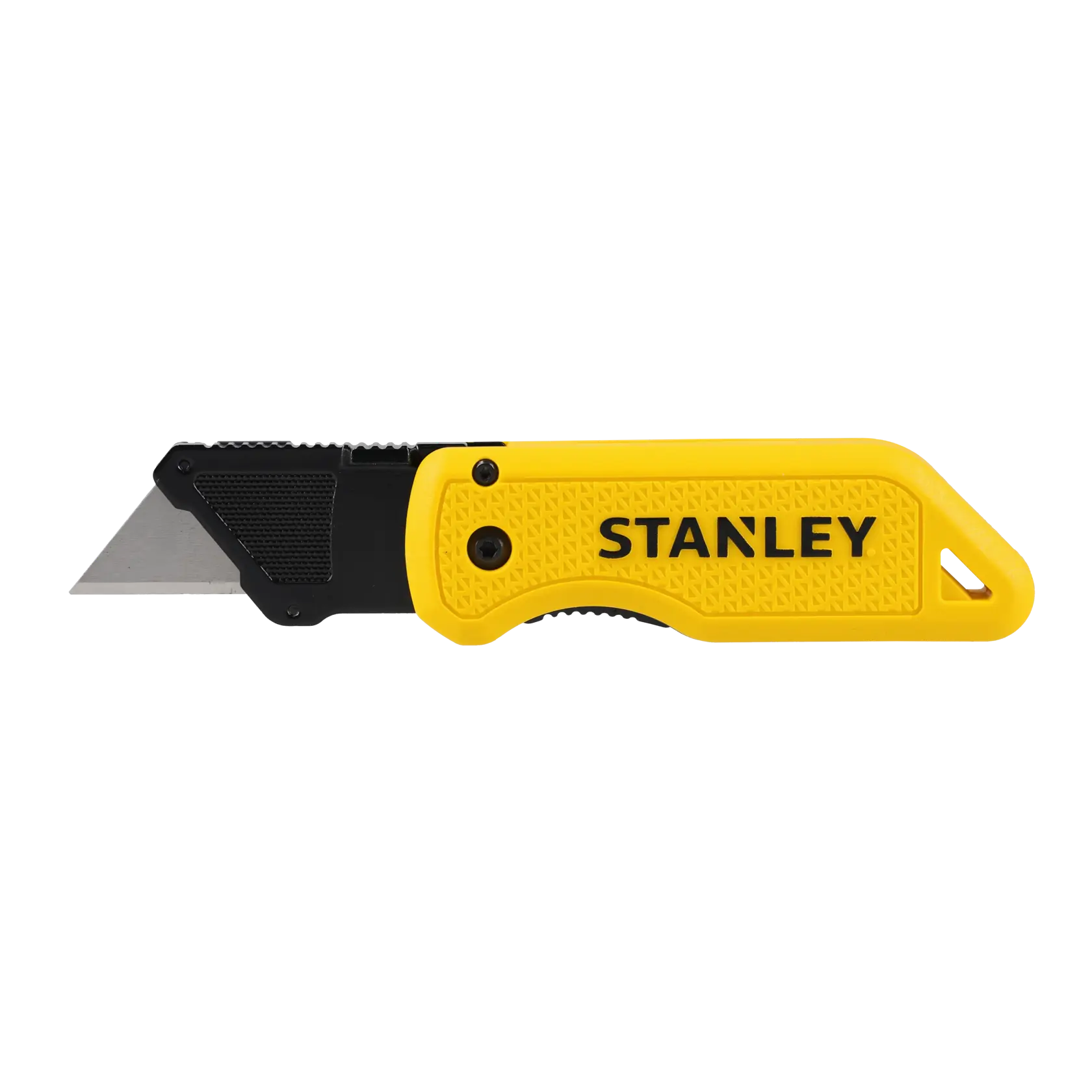 A yellow and black utility knife with a retractable blade and textured handle. The handle has the STANLEY logo printed on it.