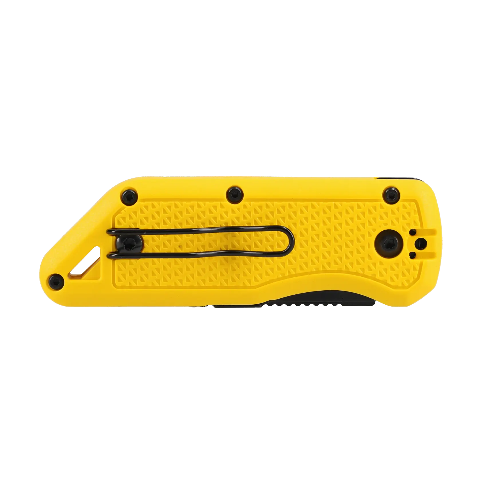 A close-up image of a yellow Stanley folding utility knife with a textured handle and a black pocket clip.
