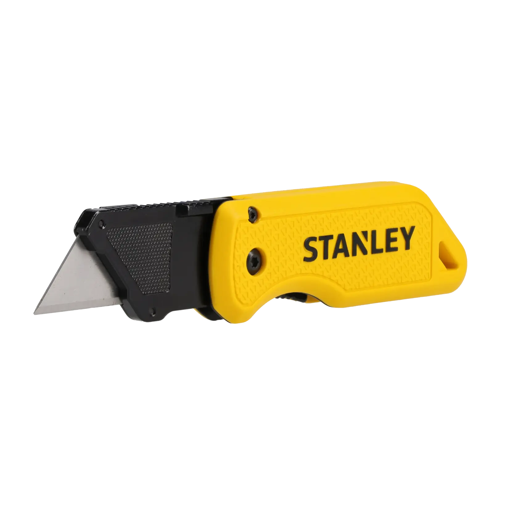 A STANLEY utility knife with a yellow handle and black metal blade, shown against a white background.