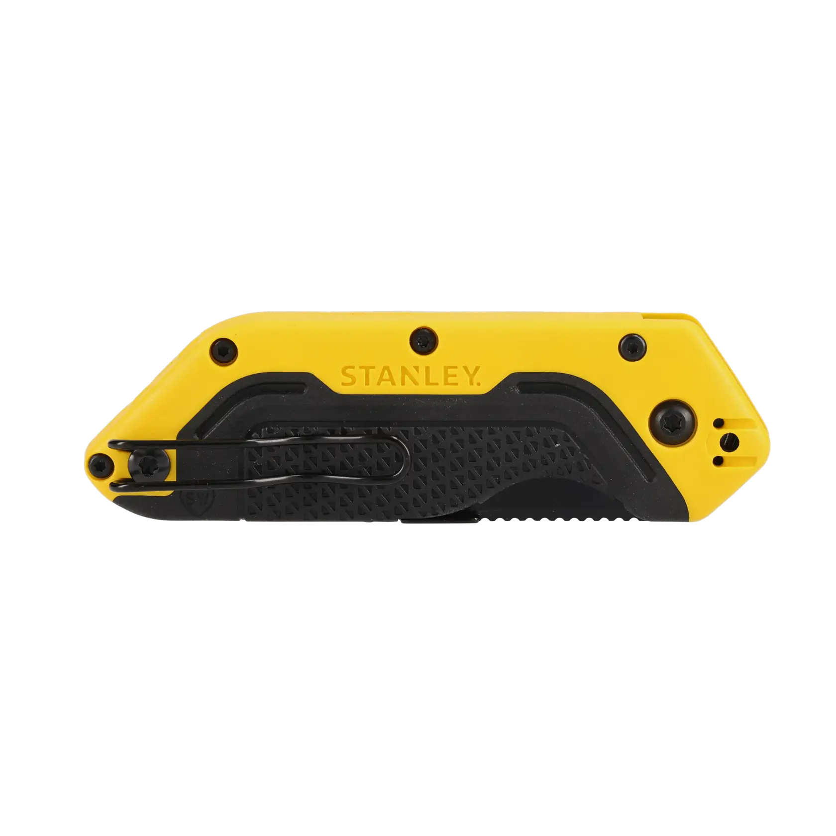A Stanley branded folding utility knife with a yellow and black handle, shown in a closed position.