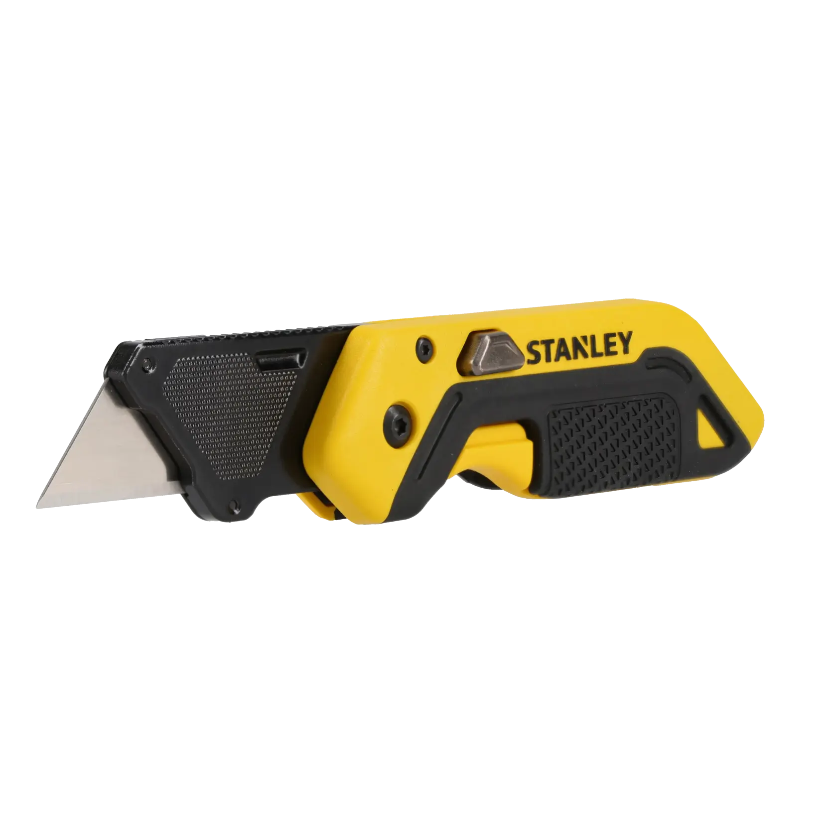 A STANLEY utility knife with a retractable blade, featuring a yellow and black ergonomic handle.