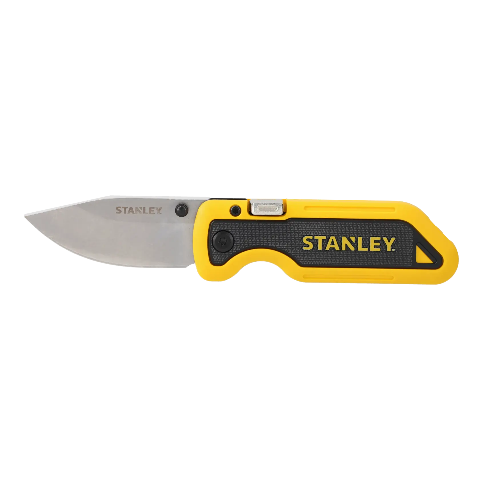 A Stanley folding pocket knife with a yellow and black handle and a stainless steel blade.
