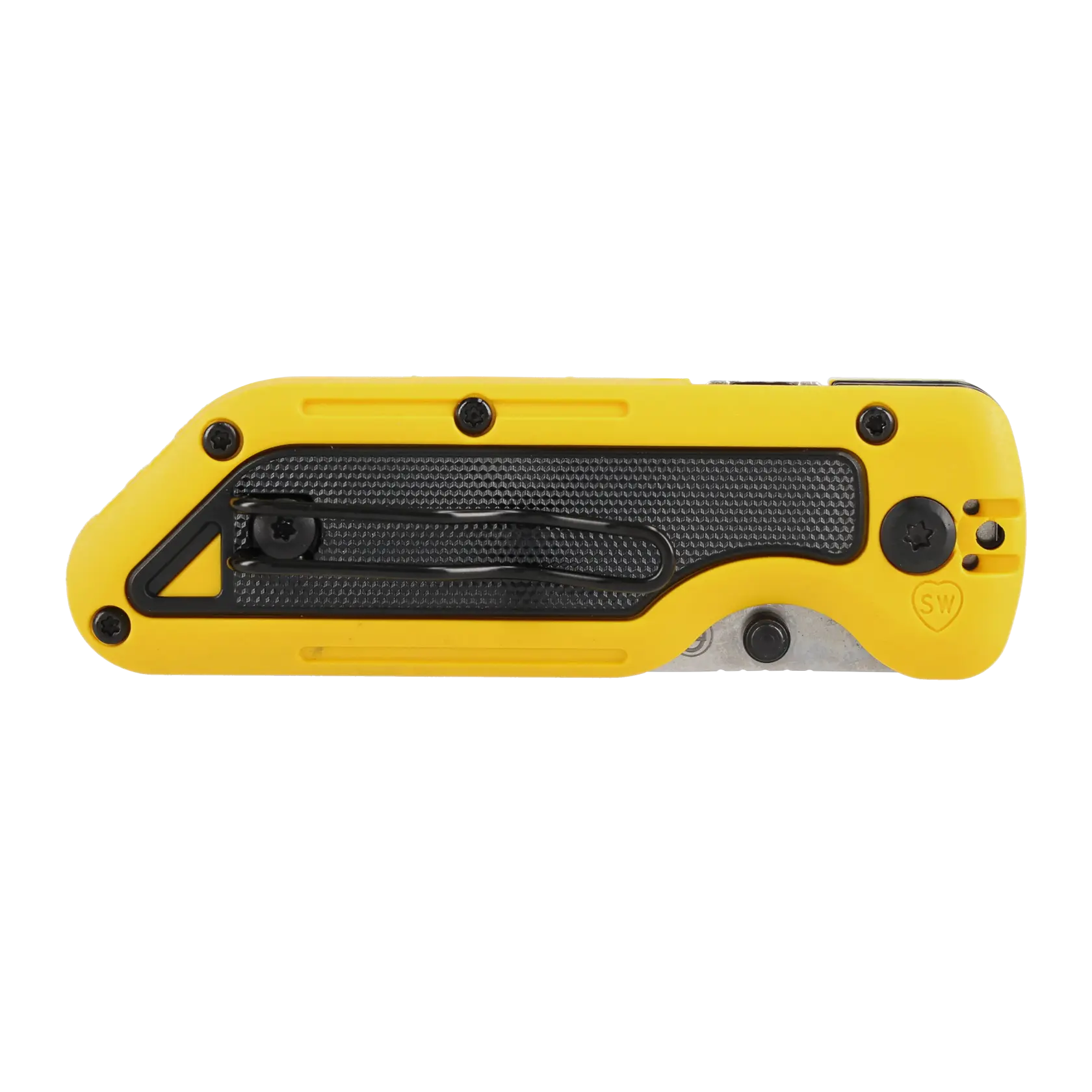 A closed Stanley utility knife with a yellow and black handle, designed for cutting tasks. The knife features a textured grip and metal clip.