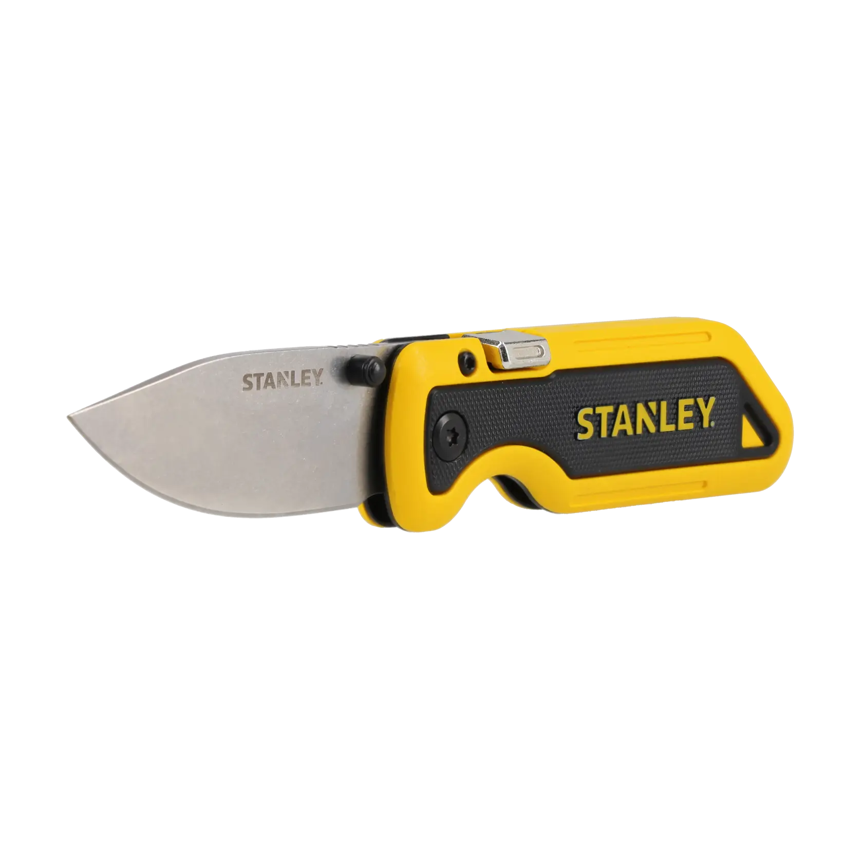 A Stanley folding pocket knife with a yellow and black handle and a stainless steel blade.
