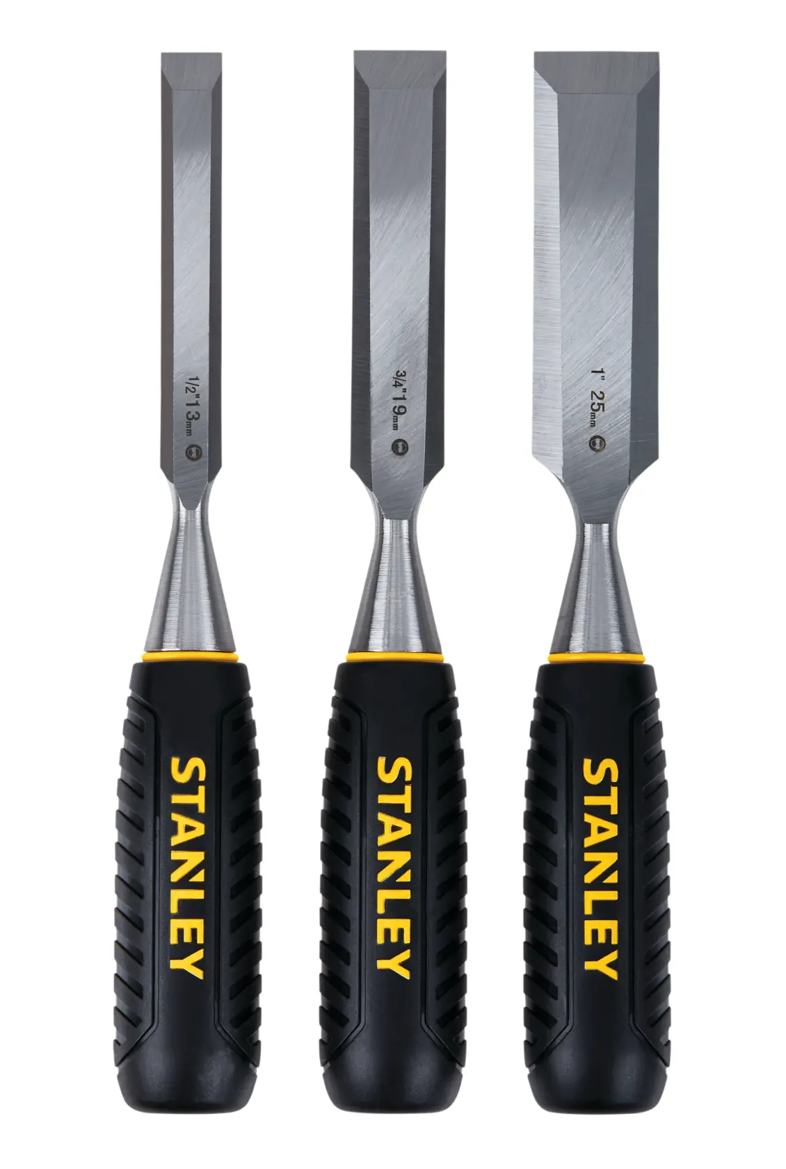 Stanley chisel set front view, three steel chisels with black and yellow handles on white background.