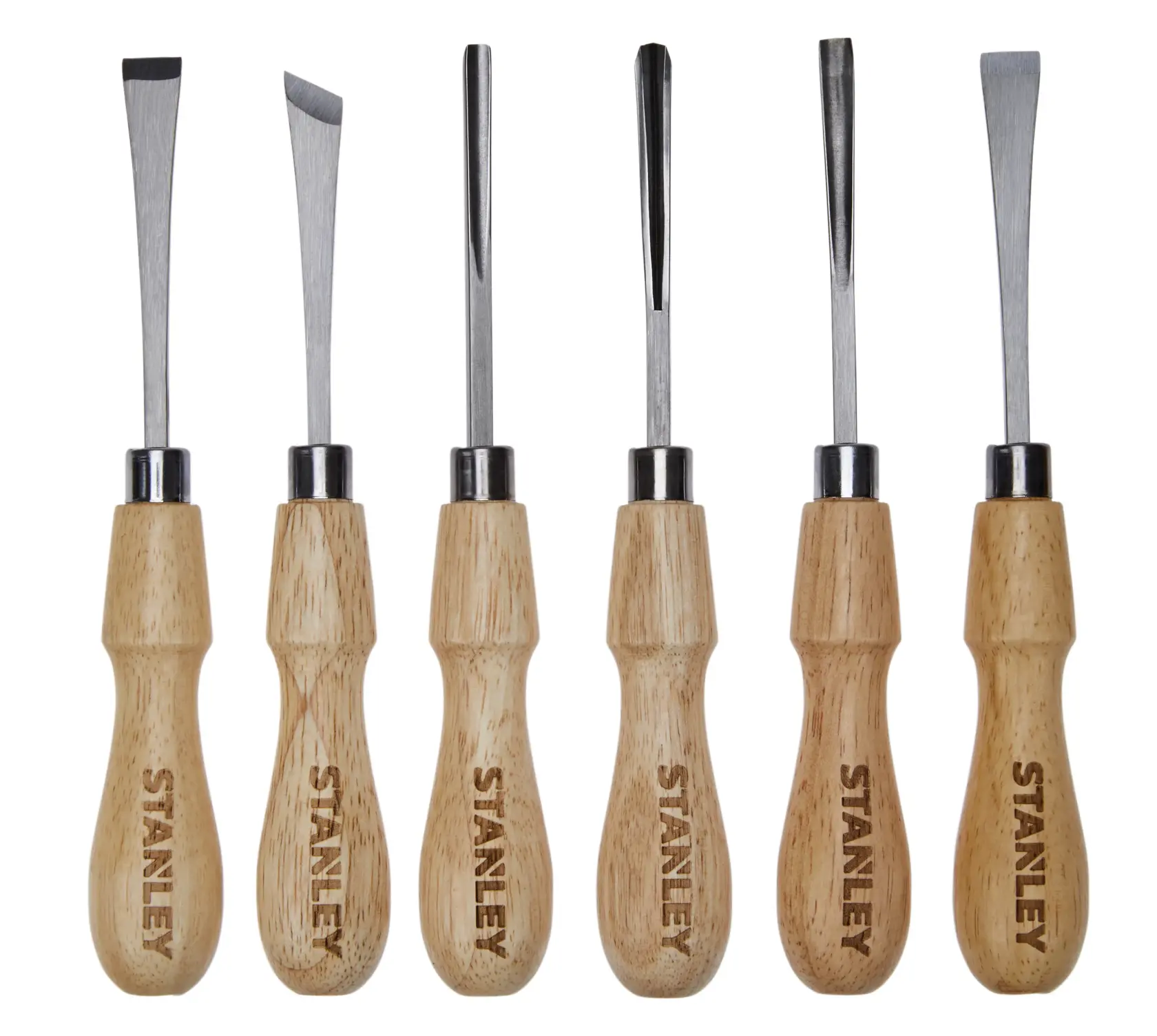 Stanley wood carving chisel set, front view, six tools with light wooden handles and steel blades on white background