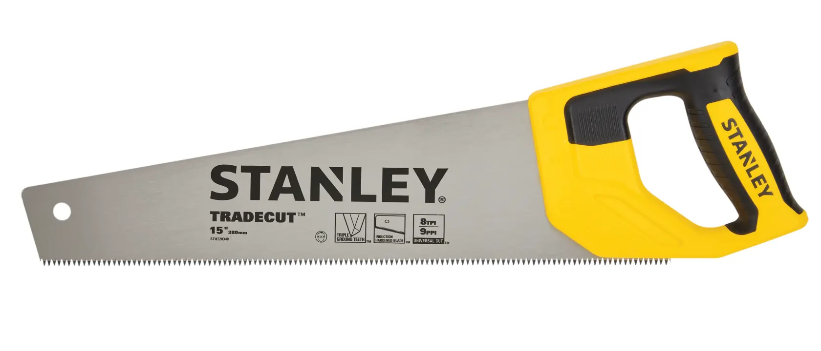 STANLEY STHT20348 hand saw with yellow and black handle, side angle on white background.
