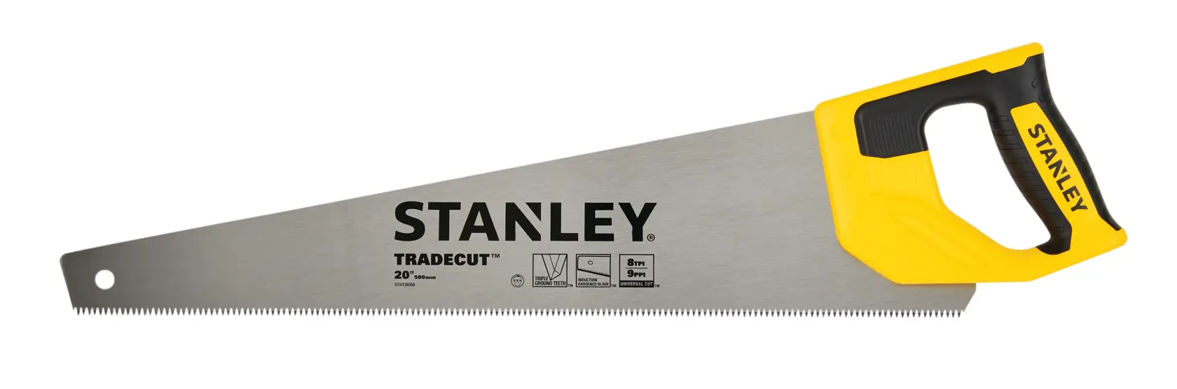 Stanley hand saw with yellow and black handle, 20 inch blade, flat side angle on white background