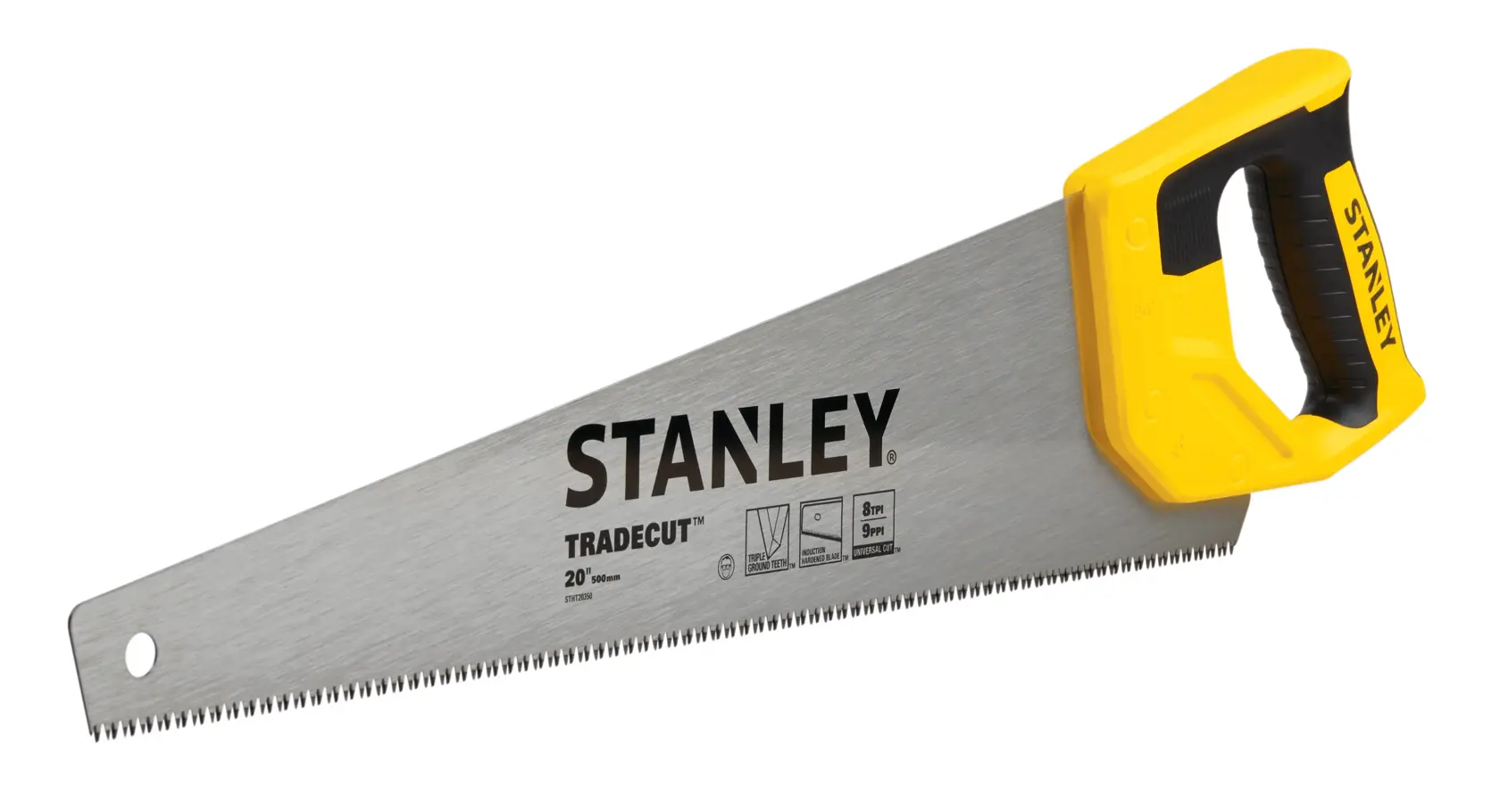 Stanley hand saw with yellow and black handle, side angle on white background, Tradecut 20 inch blade