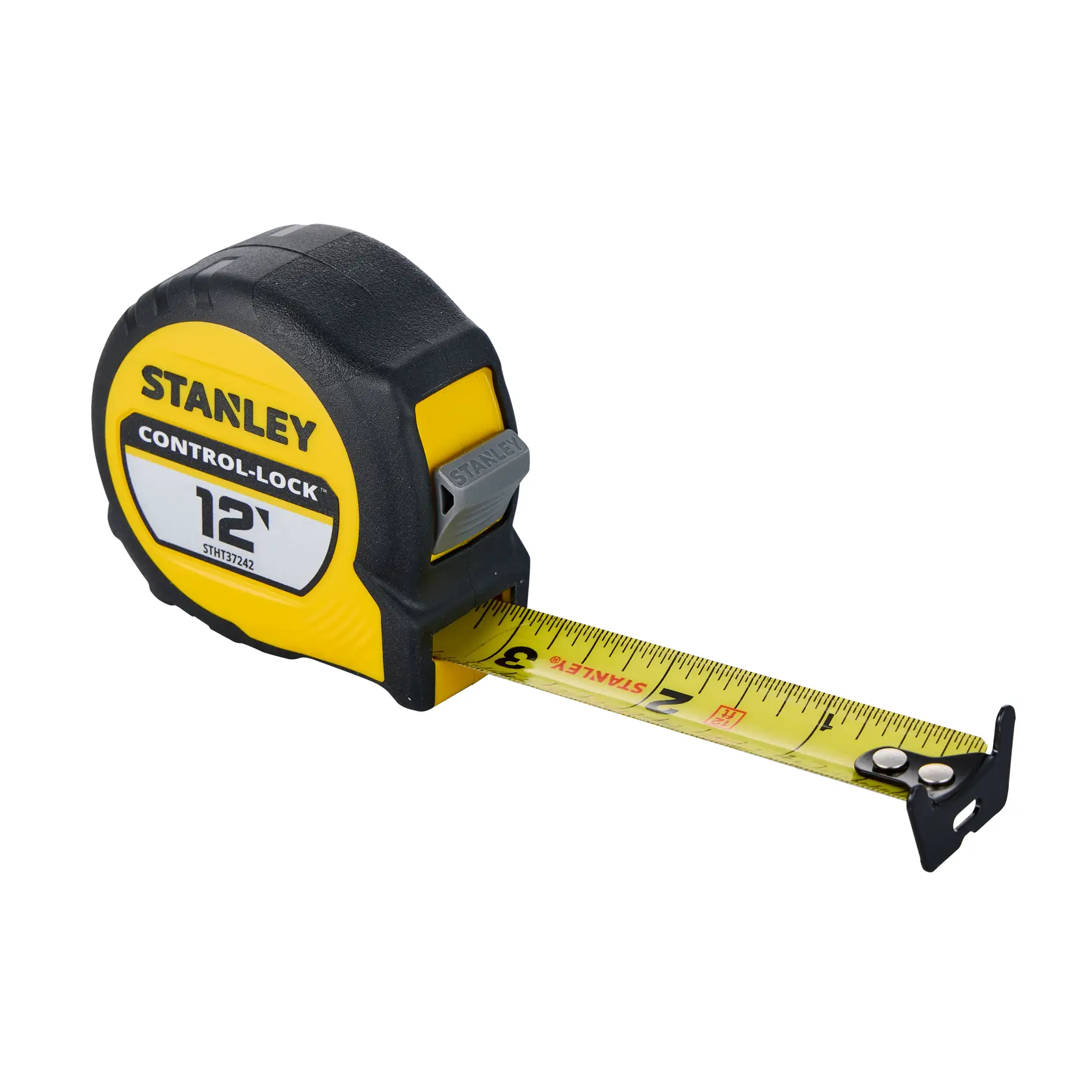Photo of STANLEY STHT37242 12 ft yellow and black tape measure, angled on white background.