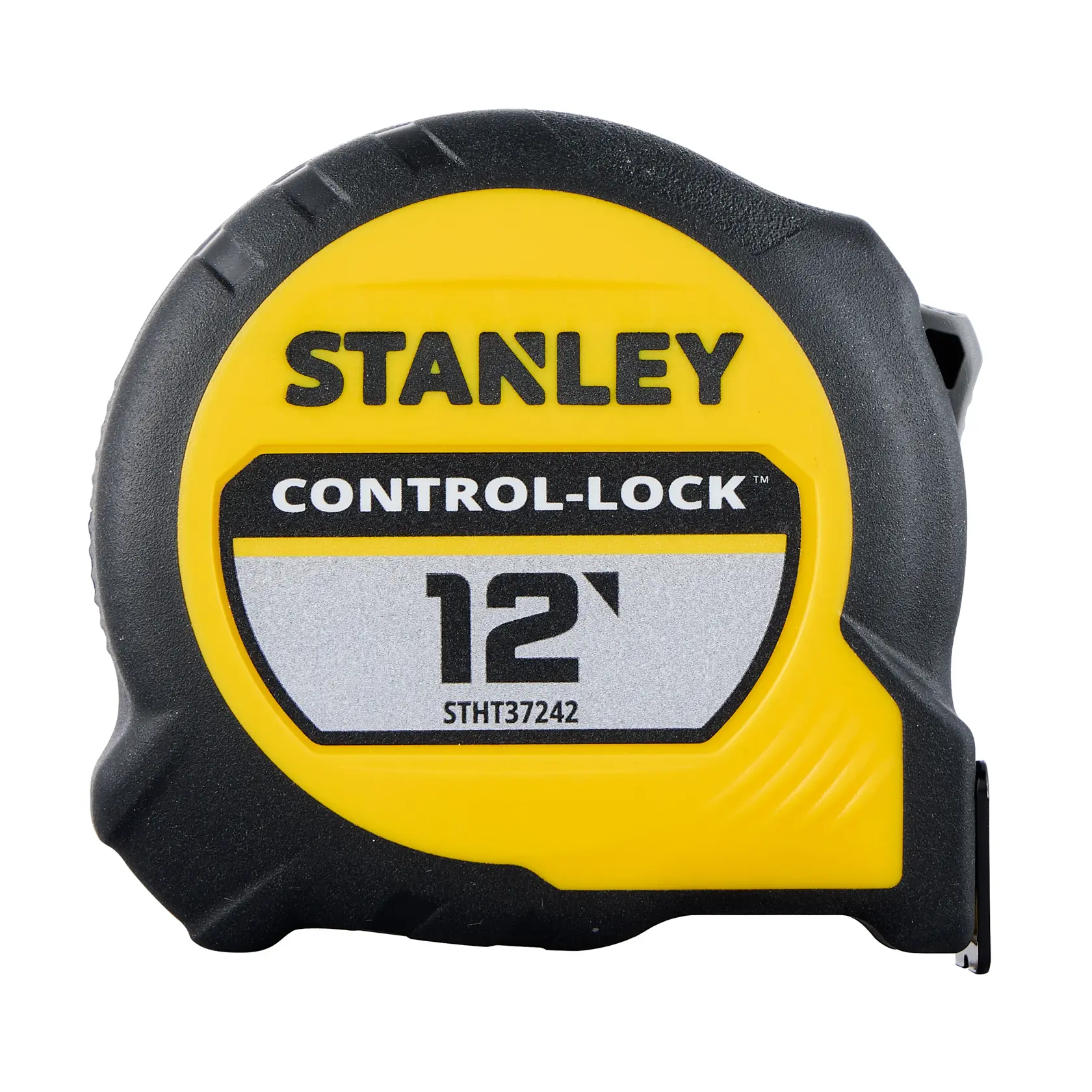Photo of STANLEY STHT37242 12-foot tape measure, yellow and black, front view, CONTROL-LOCK label.