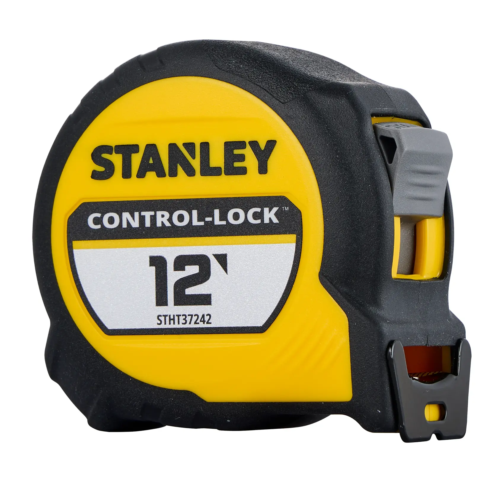 A close-up image of a Stanley Control-Lock 12-foot measuring tape, model number STHT37242, with a black and yellow casing.