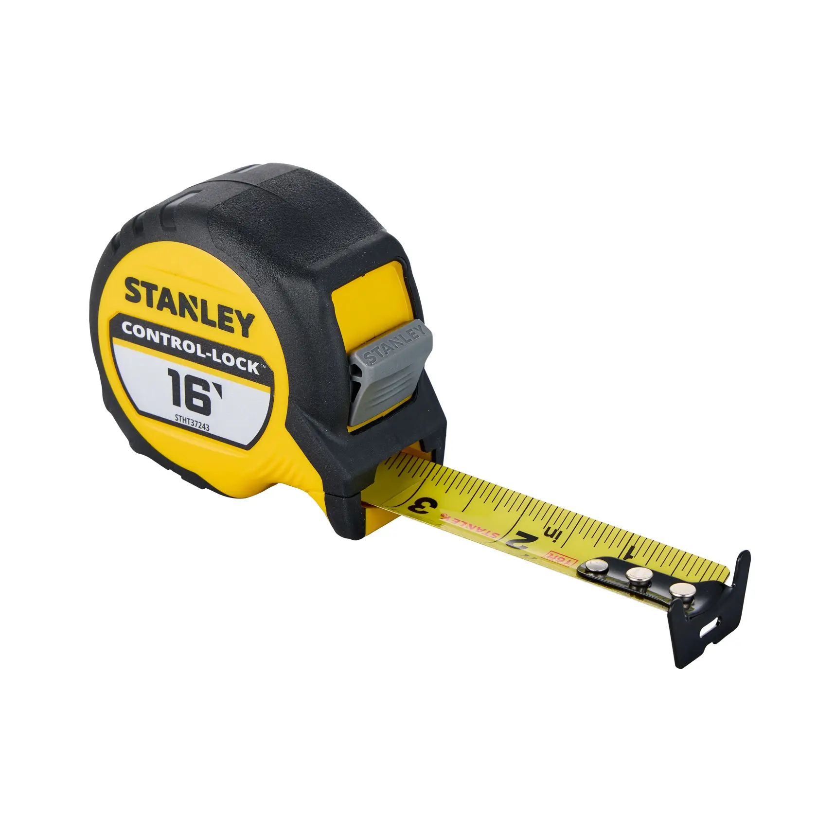 Photo of STANLEY STHT37243 16-foot tape measure with yellow and black case, angled on white background.