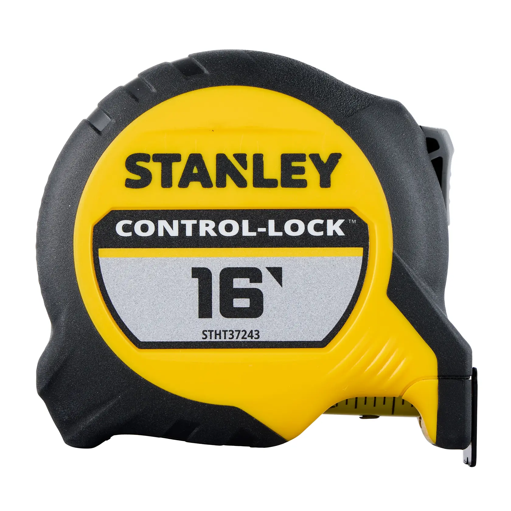 Stanley STHT37243 16-foot CONTROL-LOCK tape measure, yellow and black, front angle photo.
