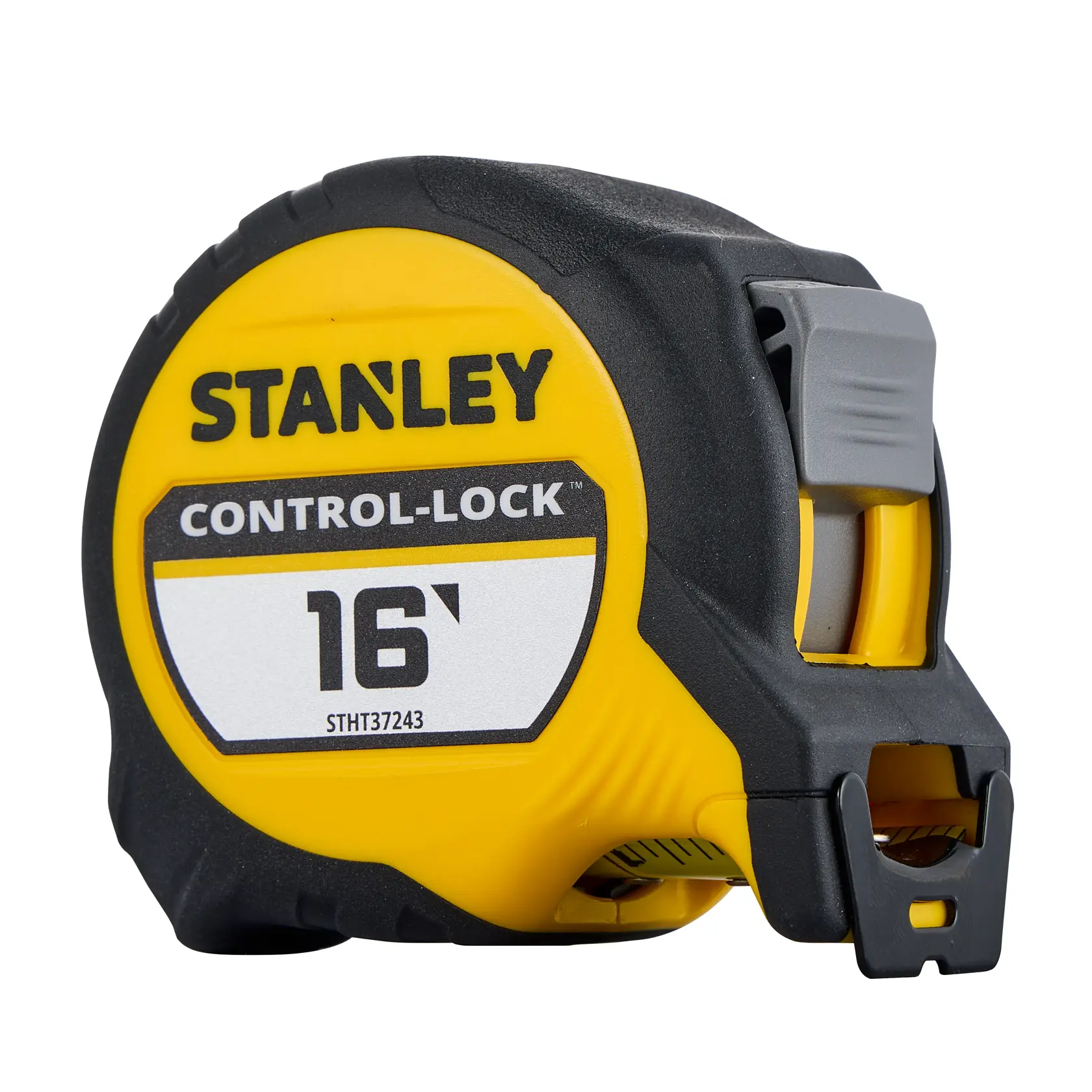Stanley STHT37243 16-foot tape measure, yellow and black, side angle on white background.
