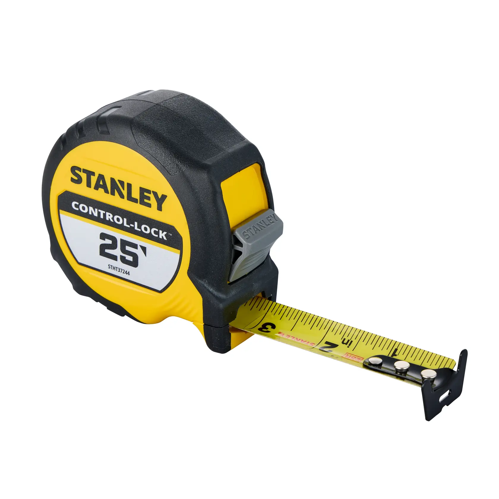 STANLEY STHT37244 tape measure, yellow and black, 25 foot length, side angle, white background.