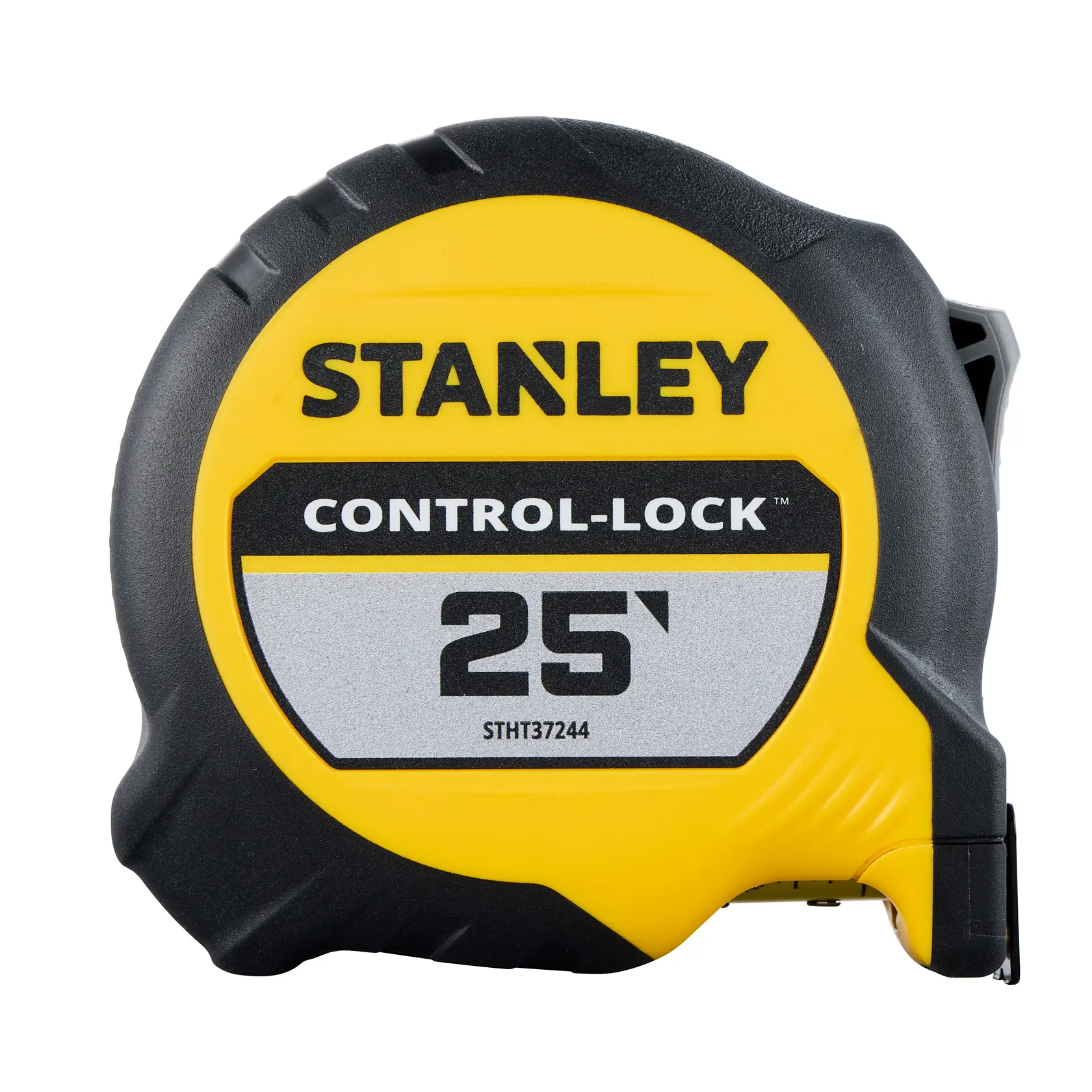 Stanley STHT37244 tape measure, Control-Lock, 25 foot, yellow and black, front angle, white background.