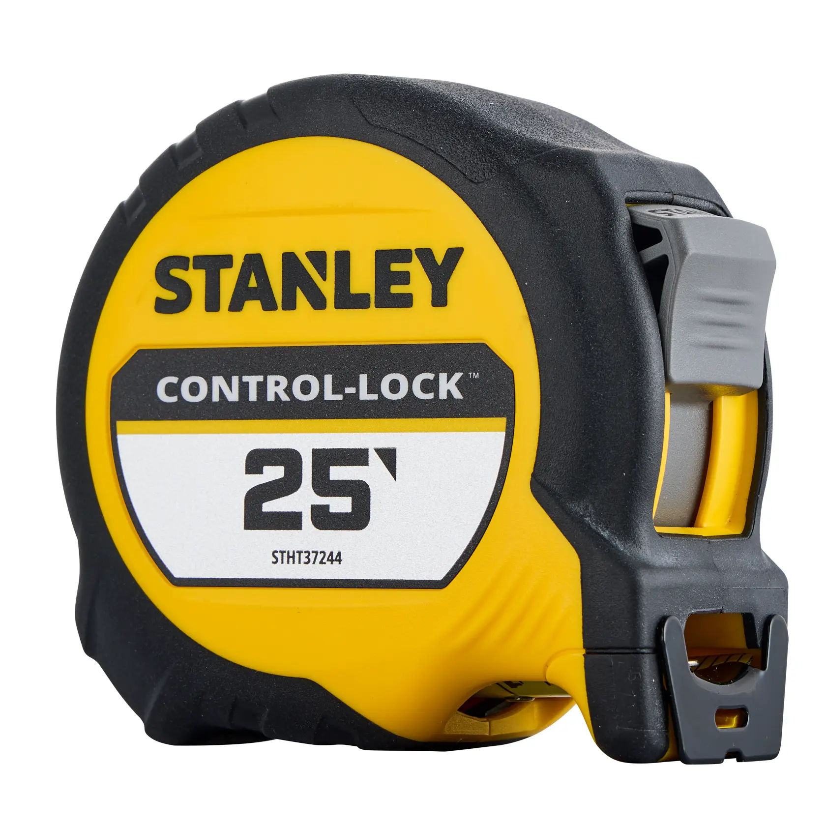 Photo of STANLEY STHT37244 25' tape measure, yellow and black, front angled on white background.