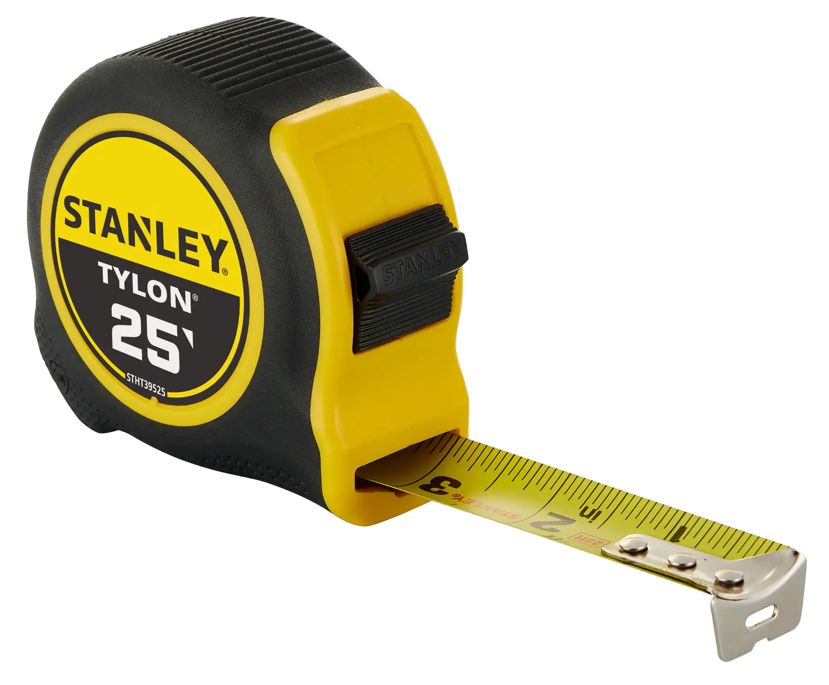 Photo of STANLEY STHT39525 tape measure, yellow and black casing, side angle, extended metal measuring blade.
