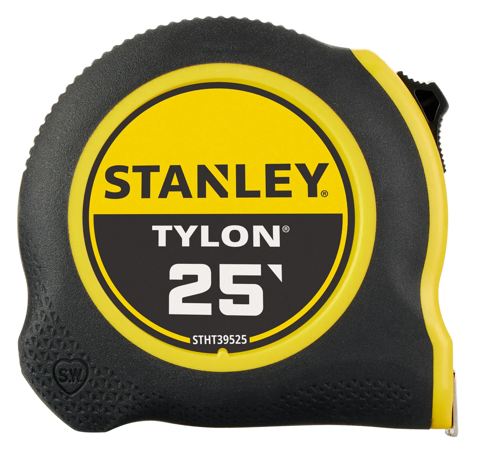 Stanley STHT39525 25-foot Tylon tape measure, black and yellow, front angle photo.
