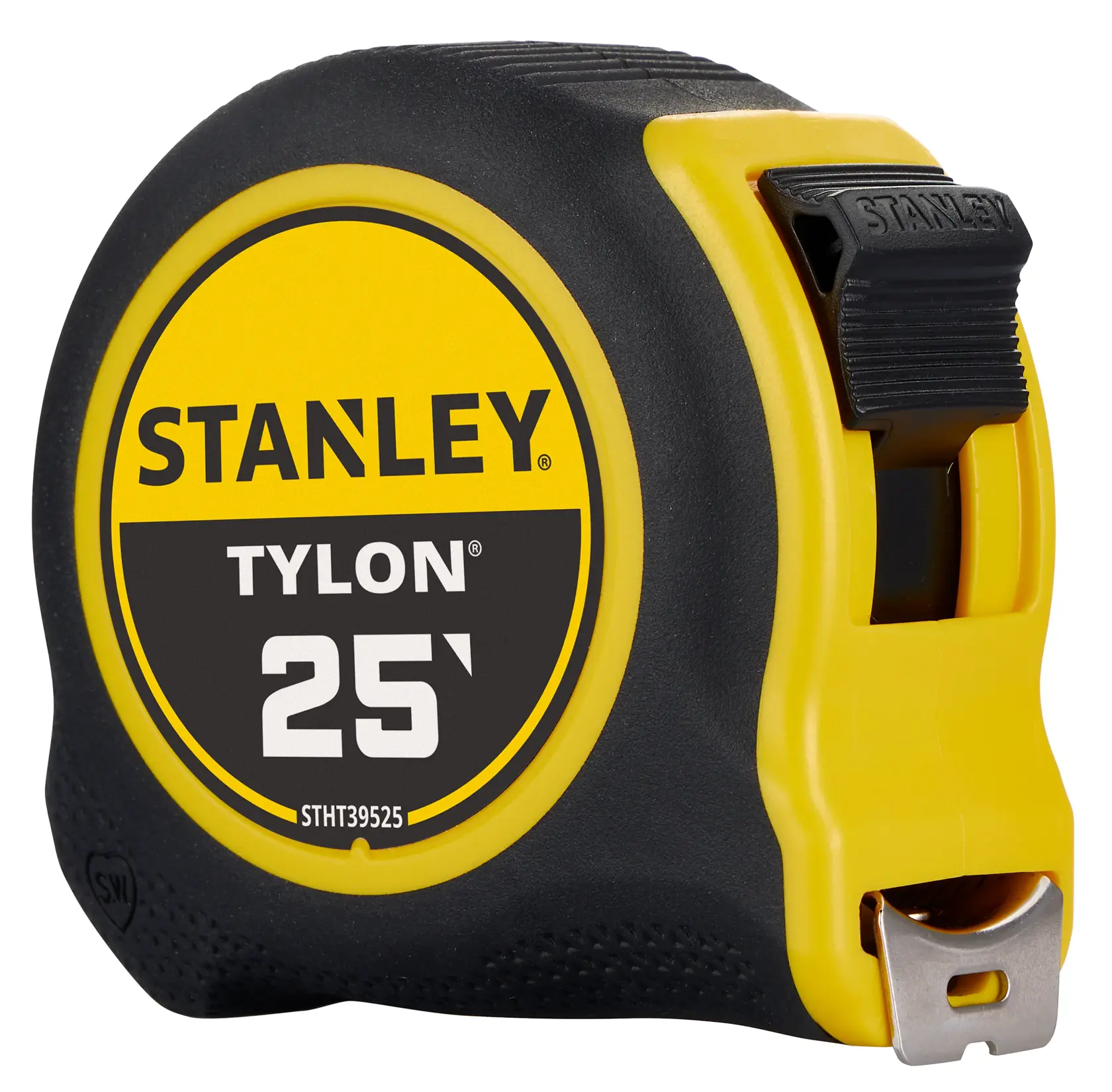 STANLEY STHT39525 tape measure, black and yellow casing, side angle on white background.
