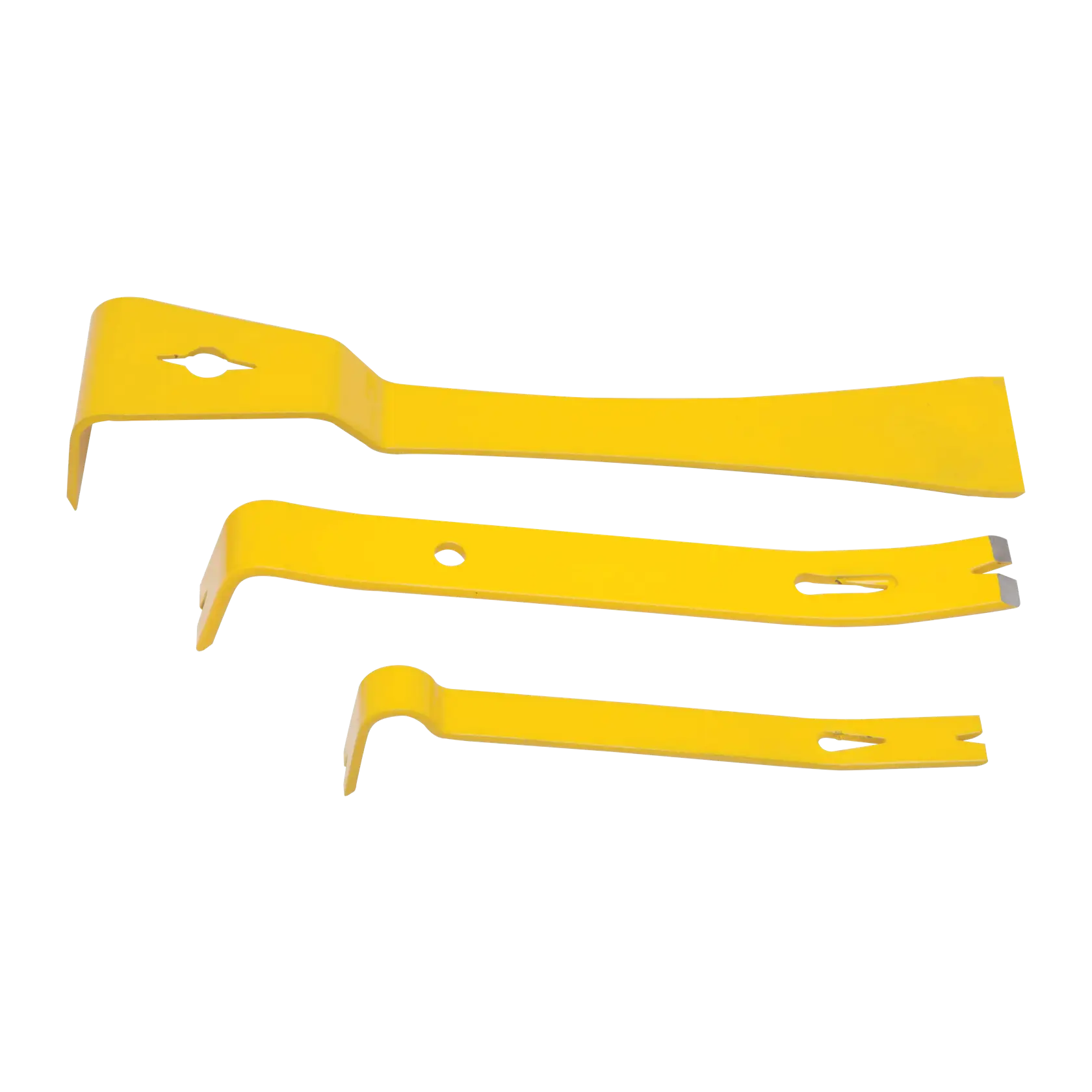 STANLEY STHT55135 pry bar set, photography showing three yellow metal pry bars, top view on white background.