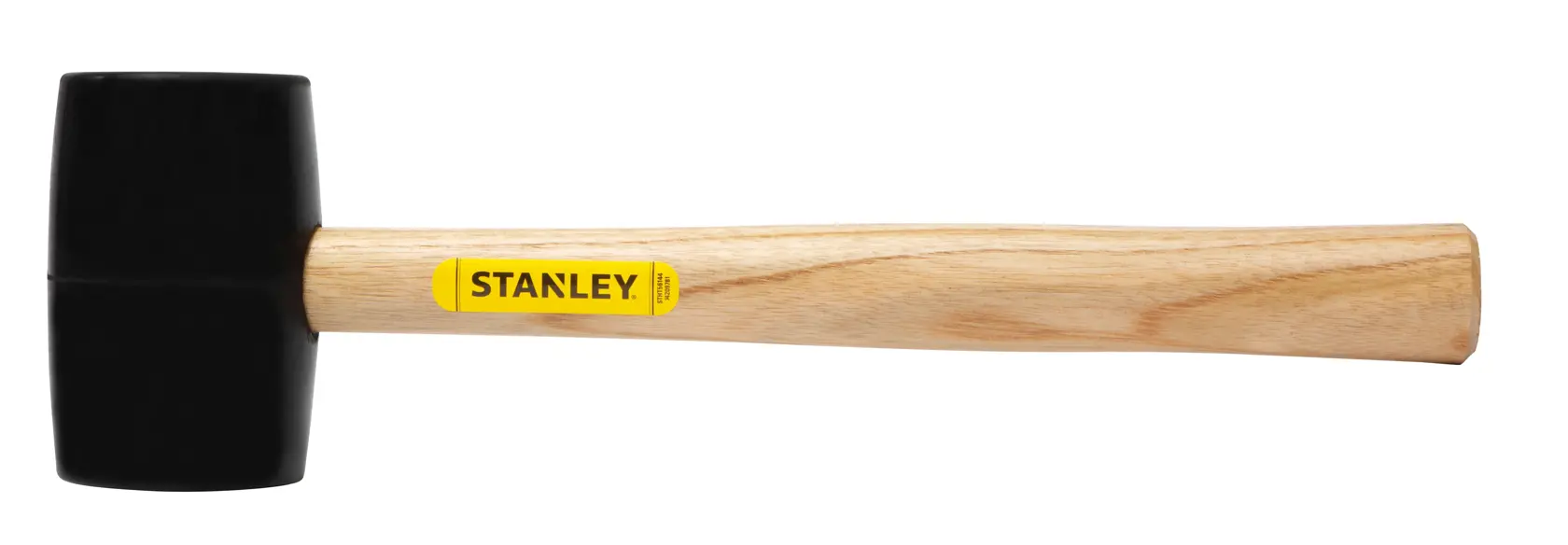 Photo of STANLEY STHT56144 rubber mallet with black head and light wood handle, side angle on white background.
