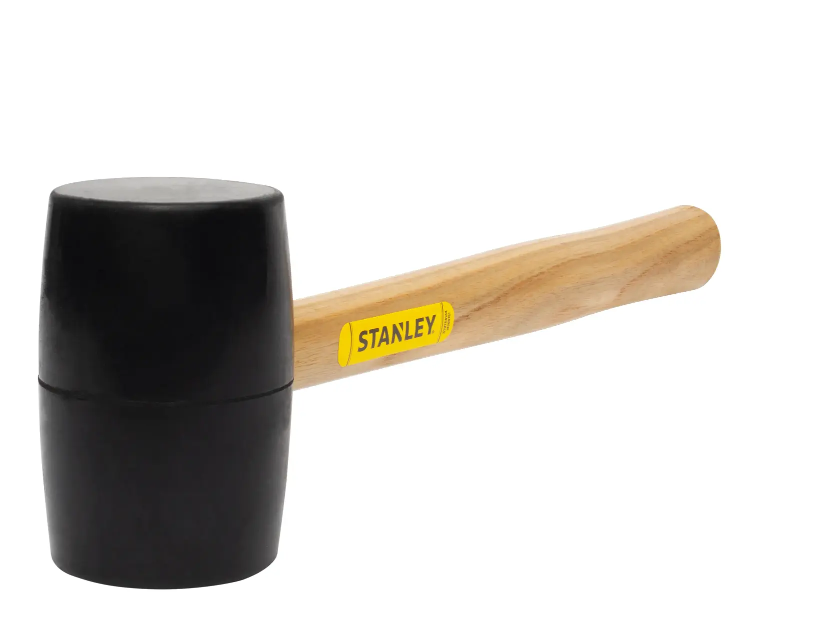 STANLEY STHT56144 rubber mallet with wood handle, product side angle on white background.