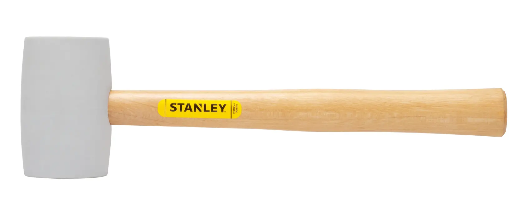 STANLEY STHT56145 mallet with white rubber head and wooden handle, side angle on white background.