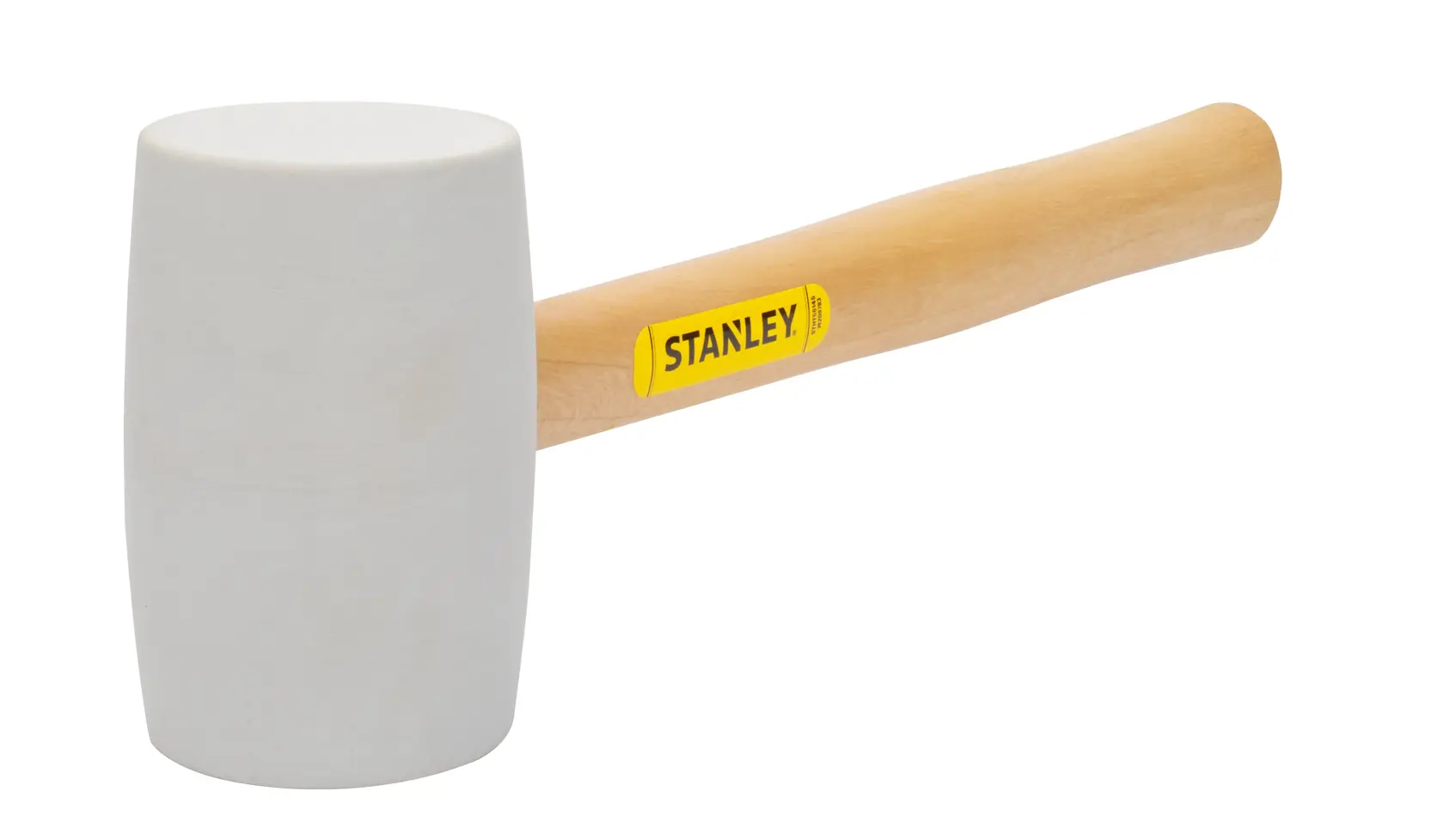 Photo of STANLEY STHT56145 white rubber mallet with wooden handle, product photography, side angle.