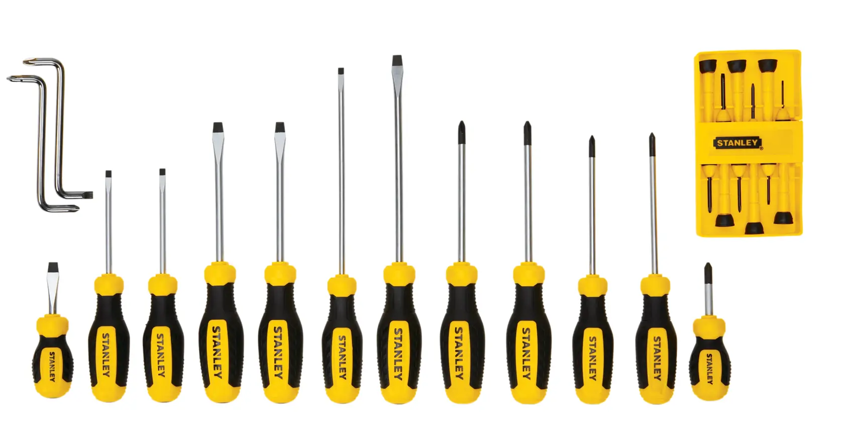 Front angle, Stanley screwdriver set with yellow and black handles, includes L-keys and precision drivers in yellow case.