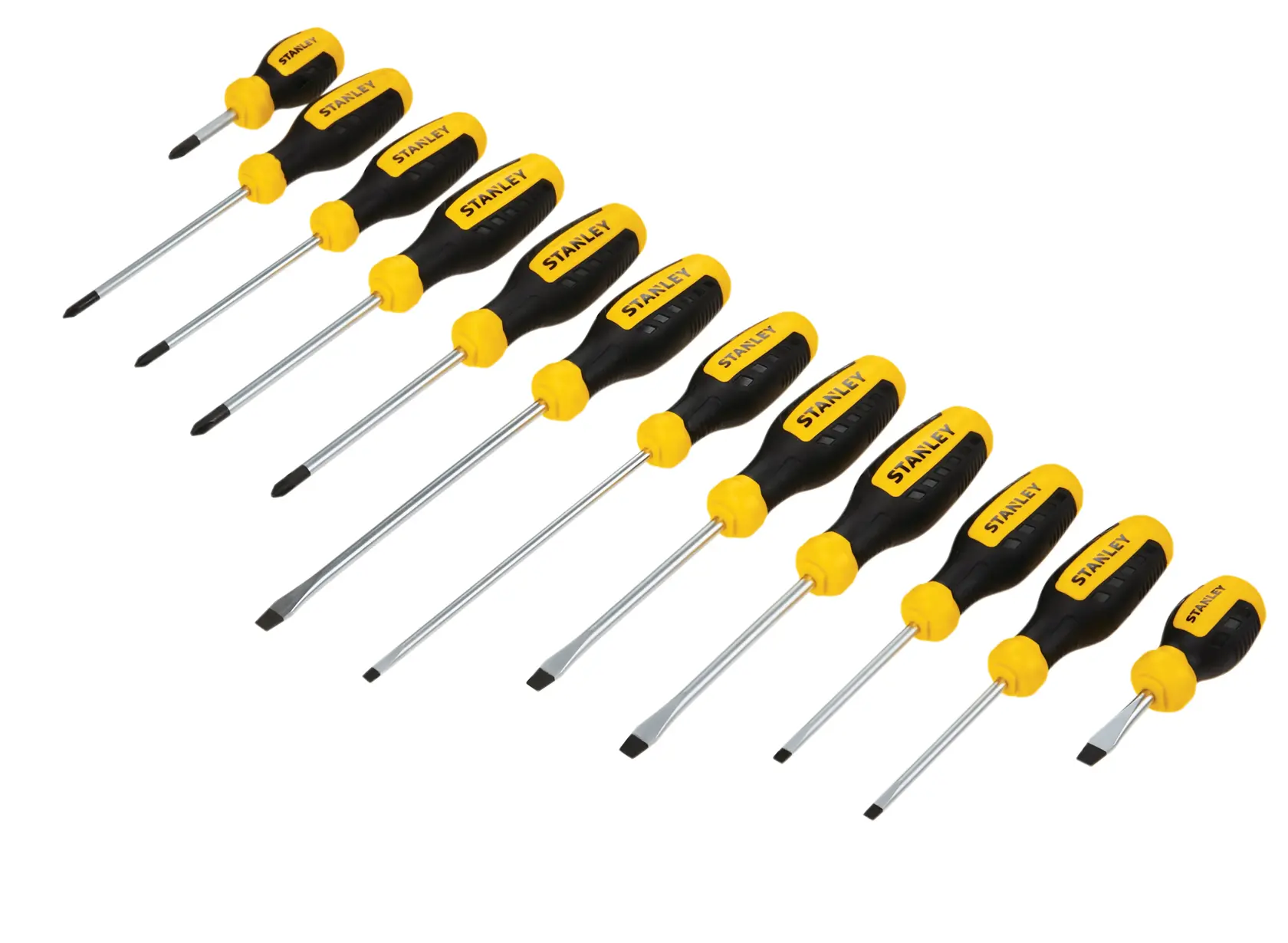 Stanley screwdriver set, black and yellow handles, flat and Phillips heads, angled product shot on white background