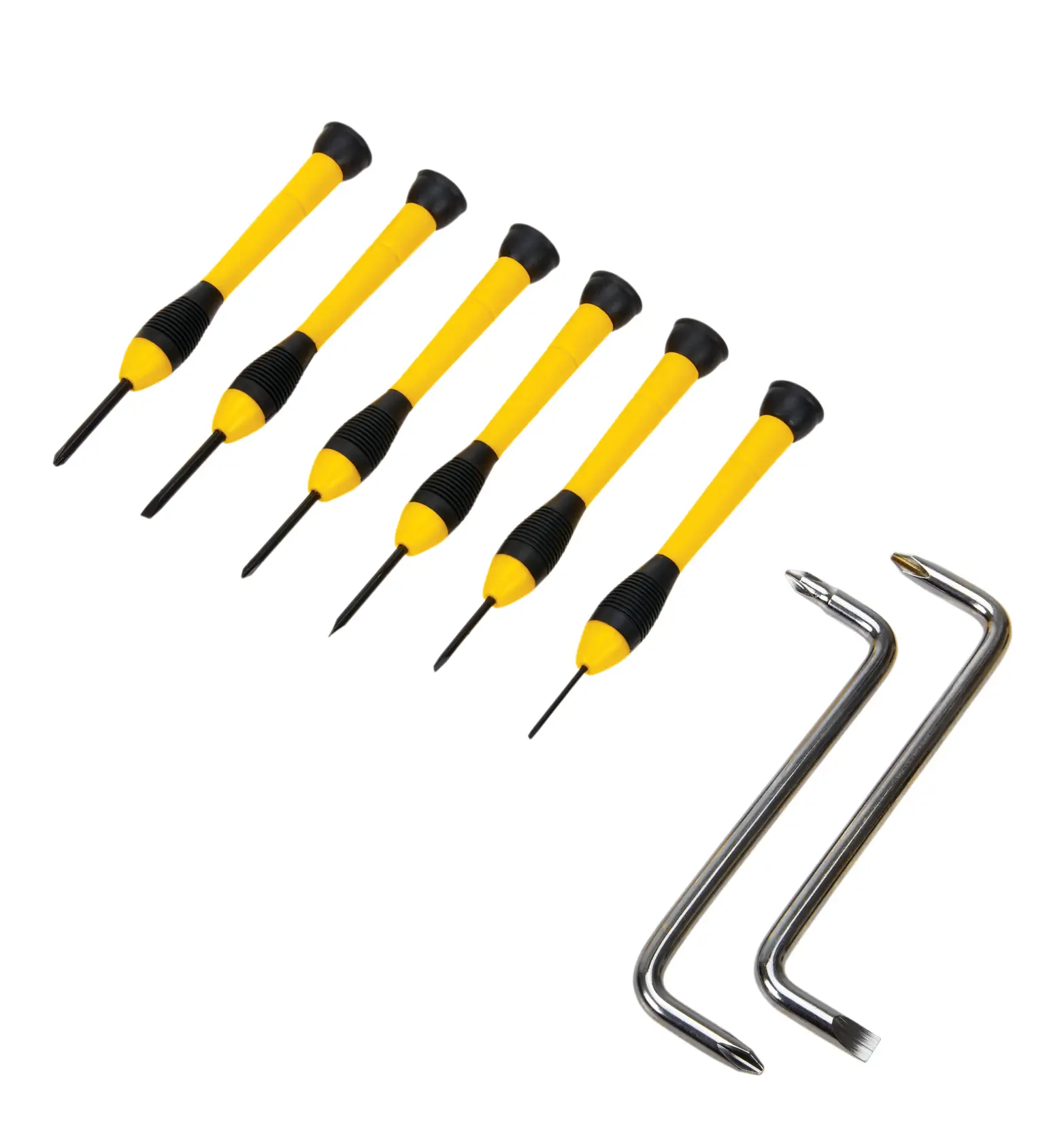Stanley precision screwdriver set with six yellow and black screwdrivers and two chrome L-shaped screwdrivers, top view.