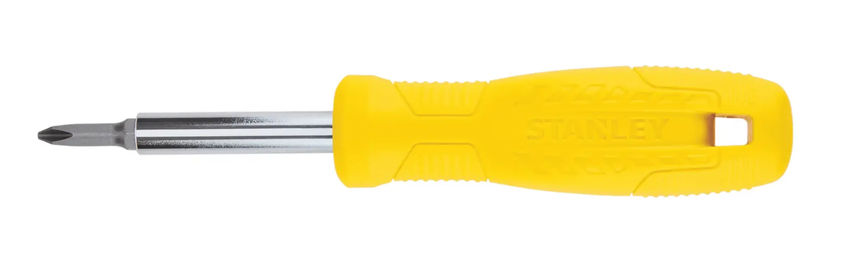 Stanley Phillips screwdriver with a yellow textured handle, side view, on white background.